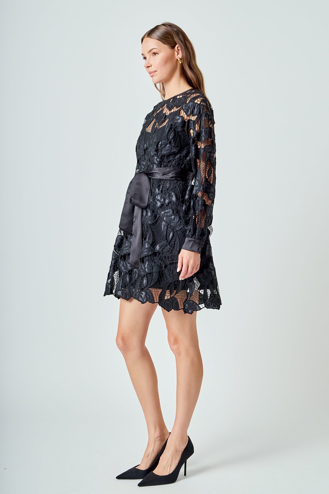 ENDLESS ROSE - Lace Long Sleeve Mini Dress - DRESSES available at Objectrare