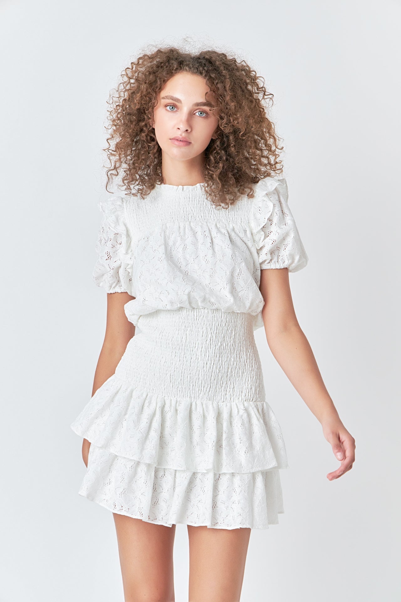 Smocked Lace Mini Dress