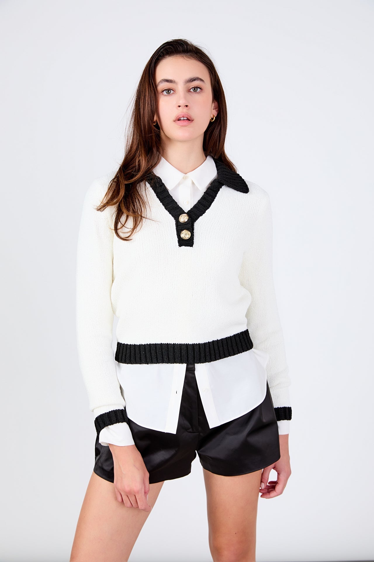 ENDLESS ROSE - Knit Collared Contrast Sweater - SWEATERS & KNITS available at Objectrare