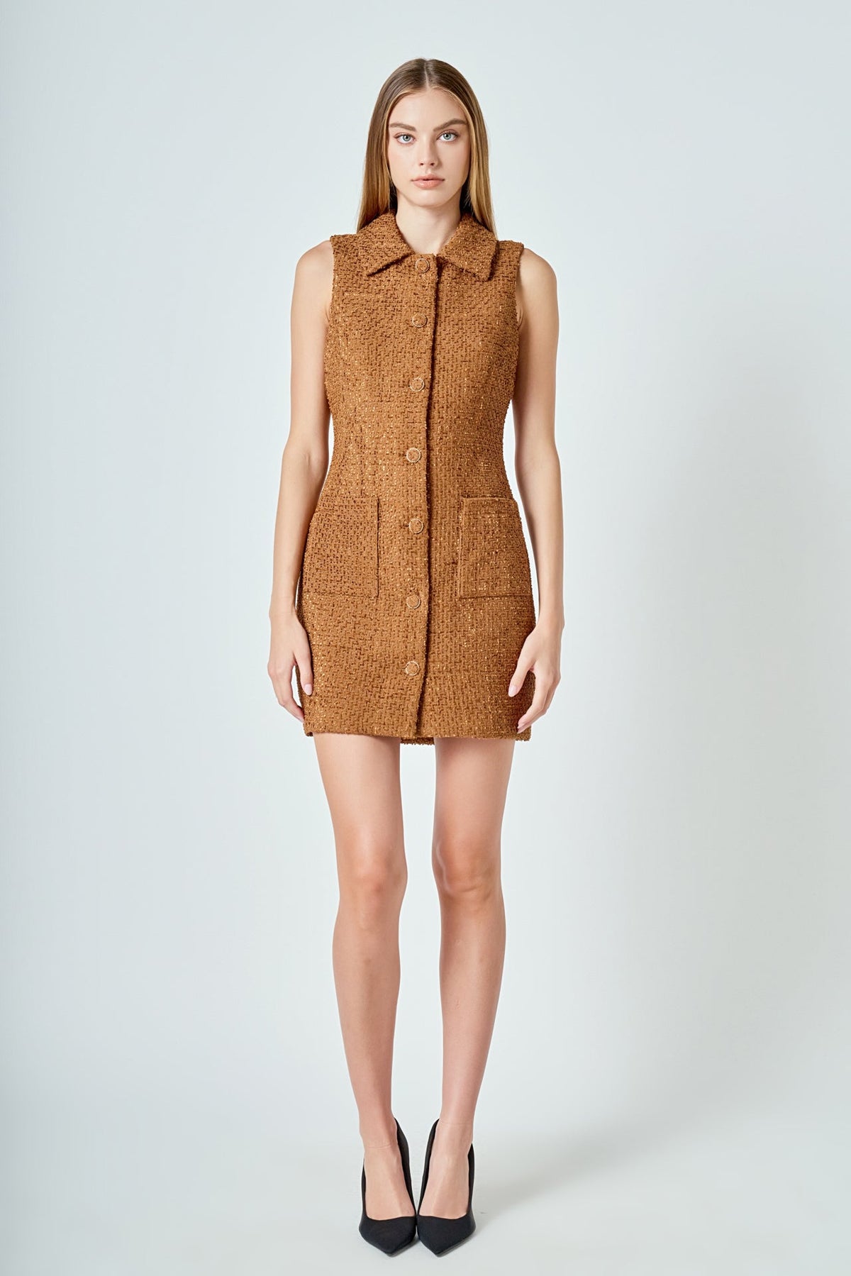 ENDLESS ROSE - Tweed Collared Mini Dress - DRESSES available at Objectrare