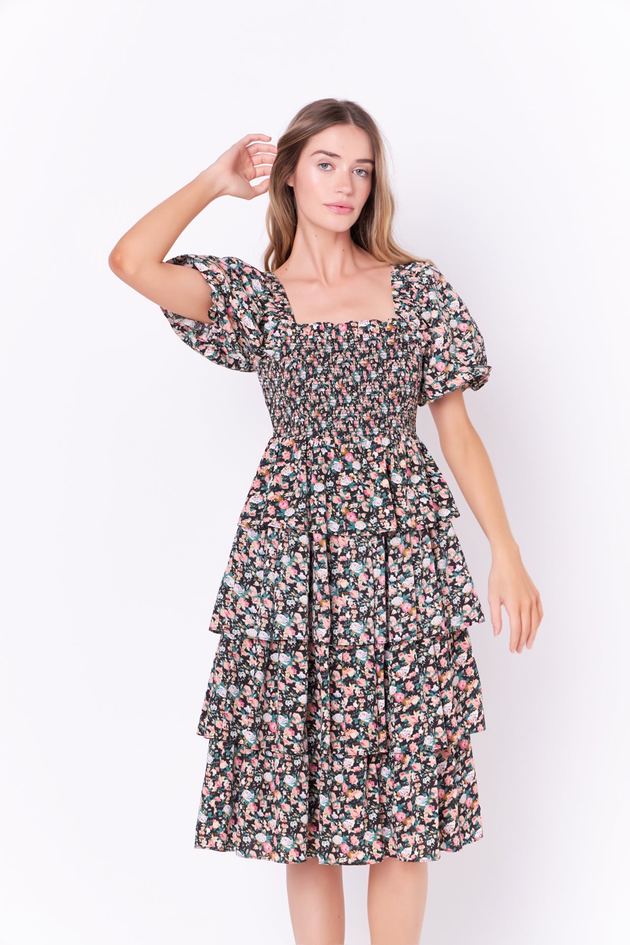ENGLISH FACTORY - Floral Smocked Midi Tiered Dress - DRESSES available at Objectrare