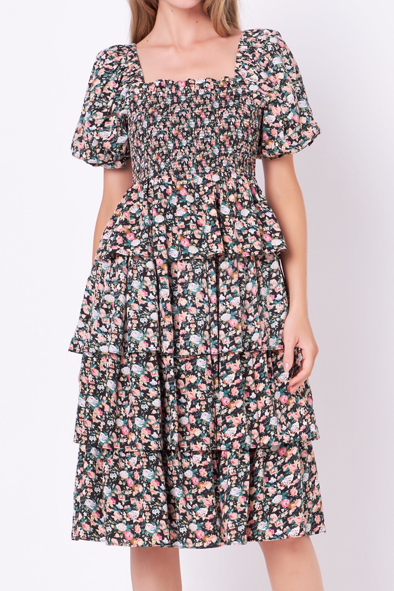 ENGLISH FACTORY - Floral Smocked Midi Tiered Dress - DRESSES available at Objectrare