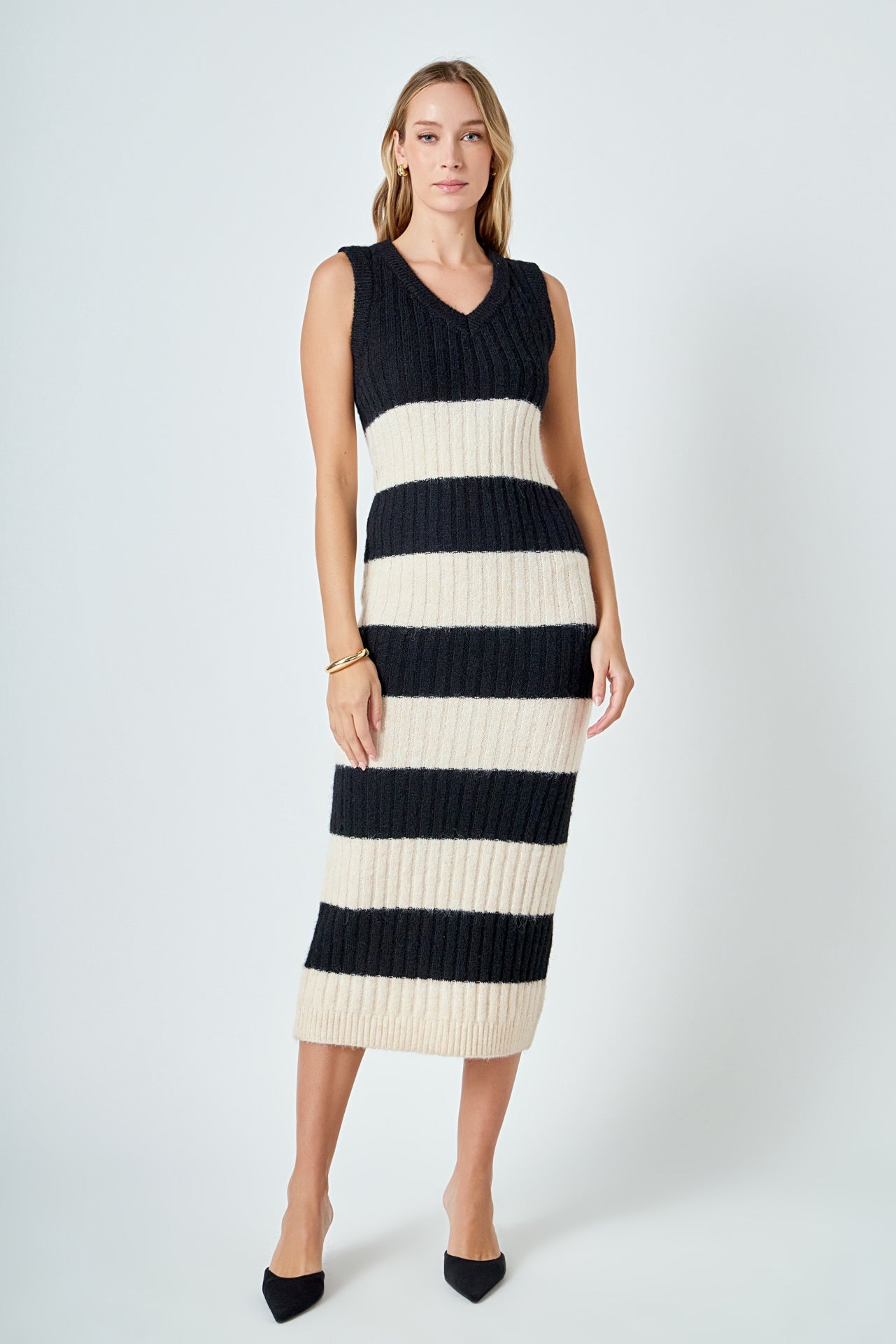 Endless Rose - Striped Knit Midi Dress BLACK/CREAM / L Endless Rose - Striped Knit Midi Dress BLACK/CREAM / L