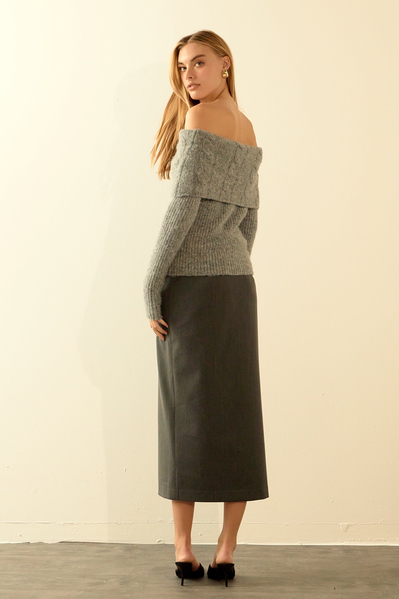 ENDLESS ROSE - Off Shoulder Cable Knit Sweater - SWEATERS & KNITS available at Objectrare