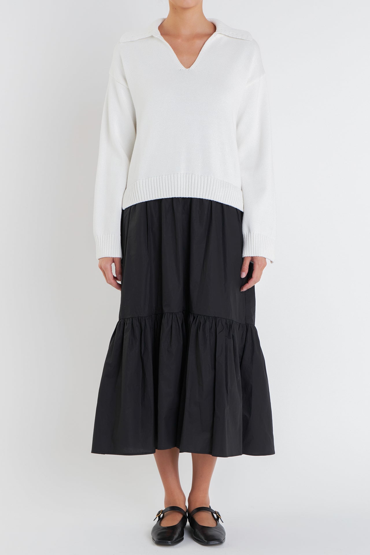 ENGLISH FACTORY - V Neck Mixed Media Midi Dress - DRESSES available at Objectrare