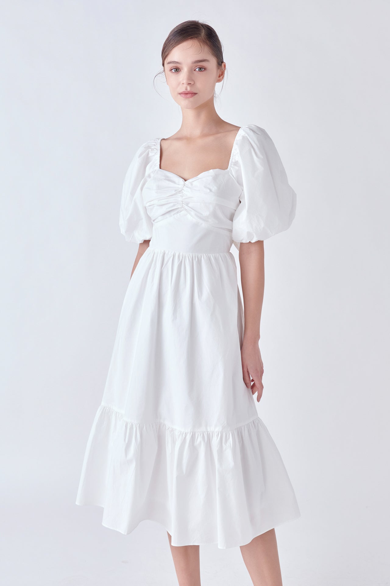 ENGLISH FACTORY - Puff Sleeve Back Bow Midi Dress - DRESSES available at Objectrare