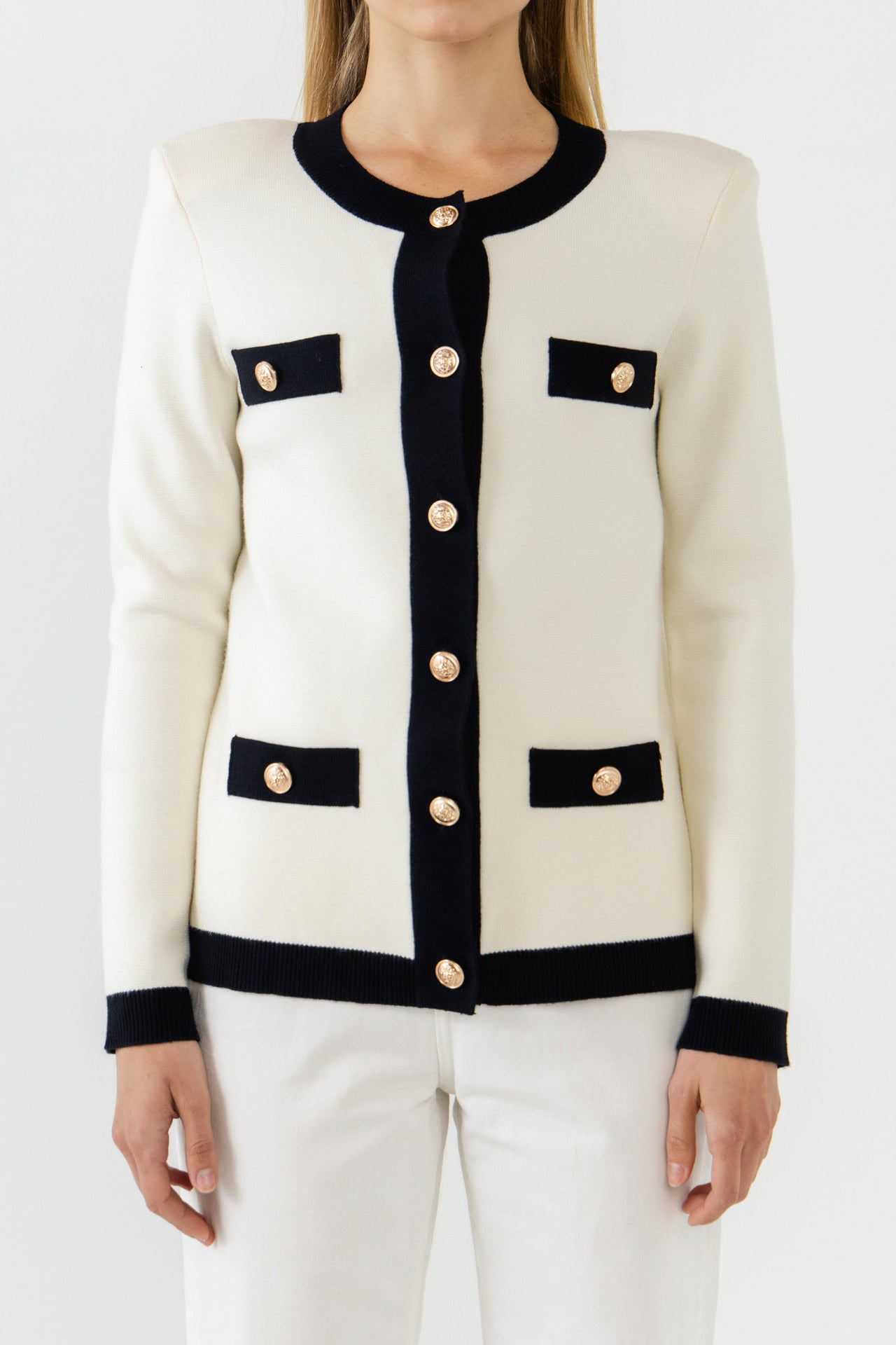 Knit Contrast Rib Cardigan with Gold Buttons