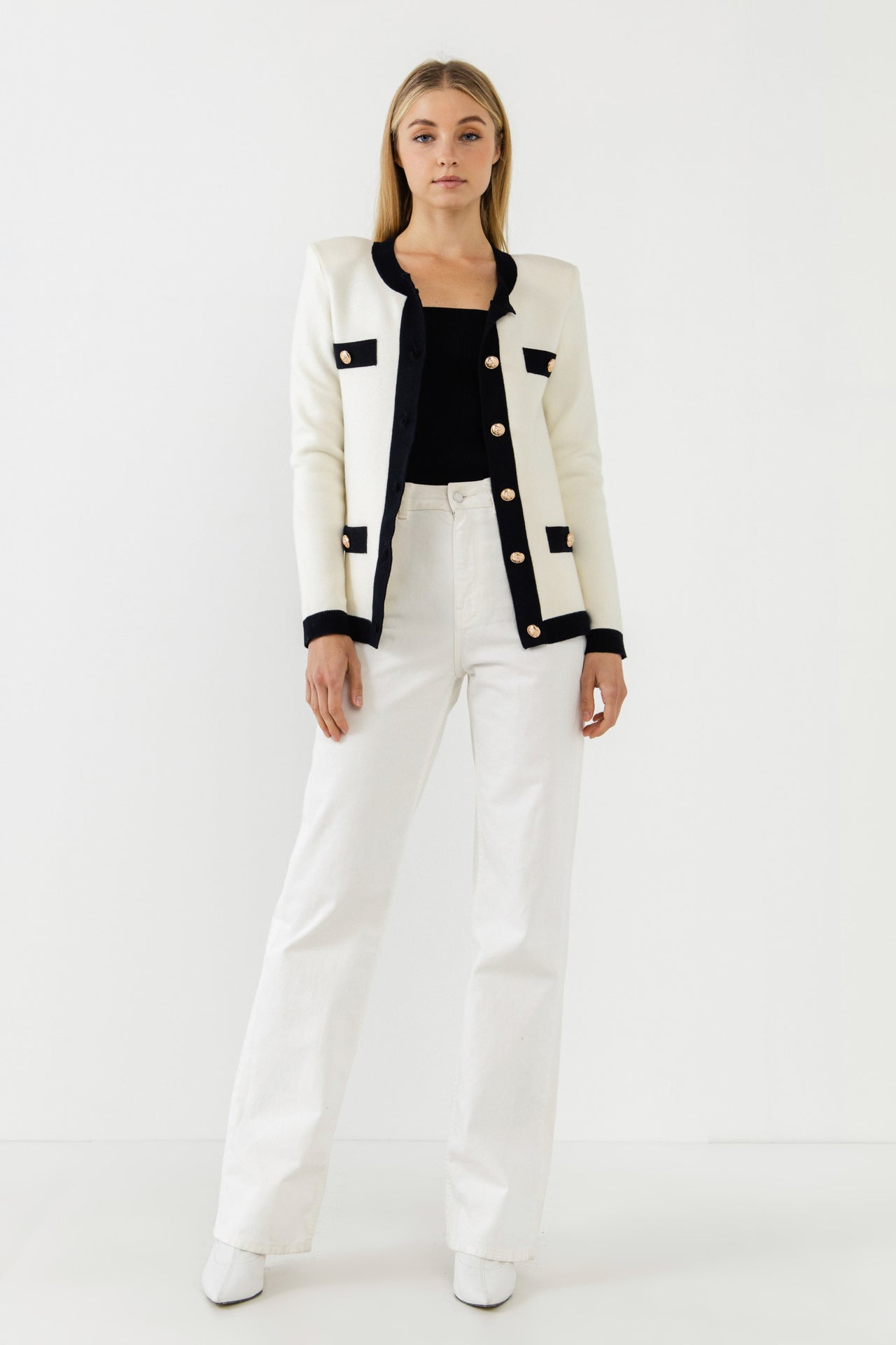 Knit Contrast Rib Cardigan with Gold Buttons
