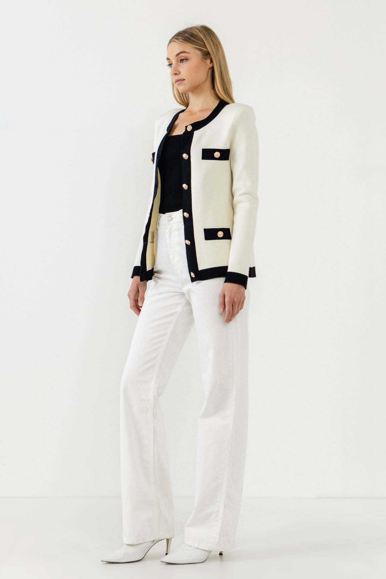 Knit Contrast Rib Cardigan with Gold Buttons