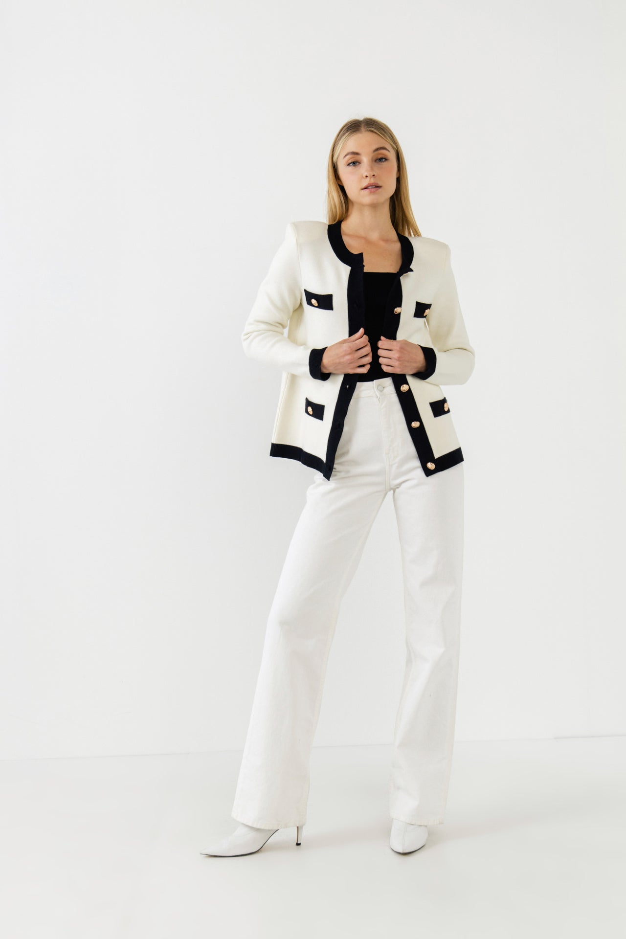 Knit Contrast Rib Cardigan with Gold Buttons