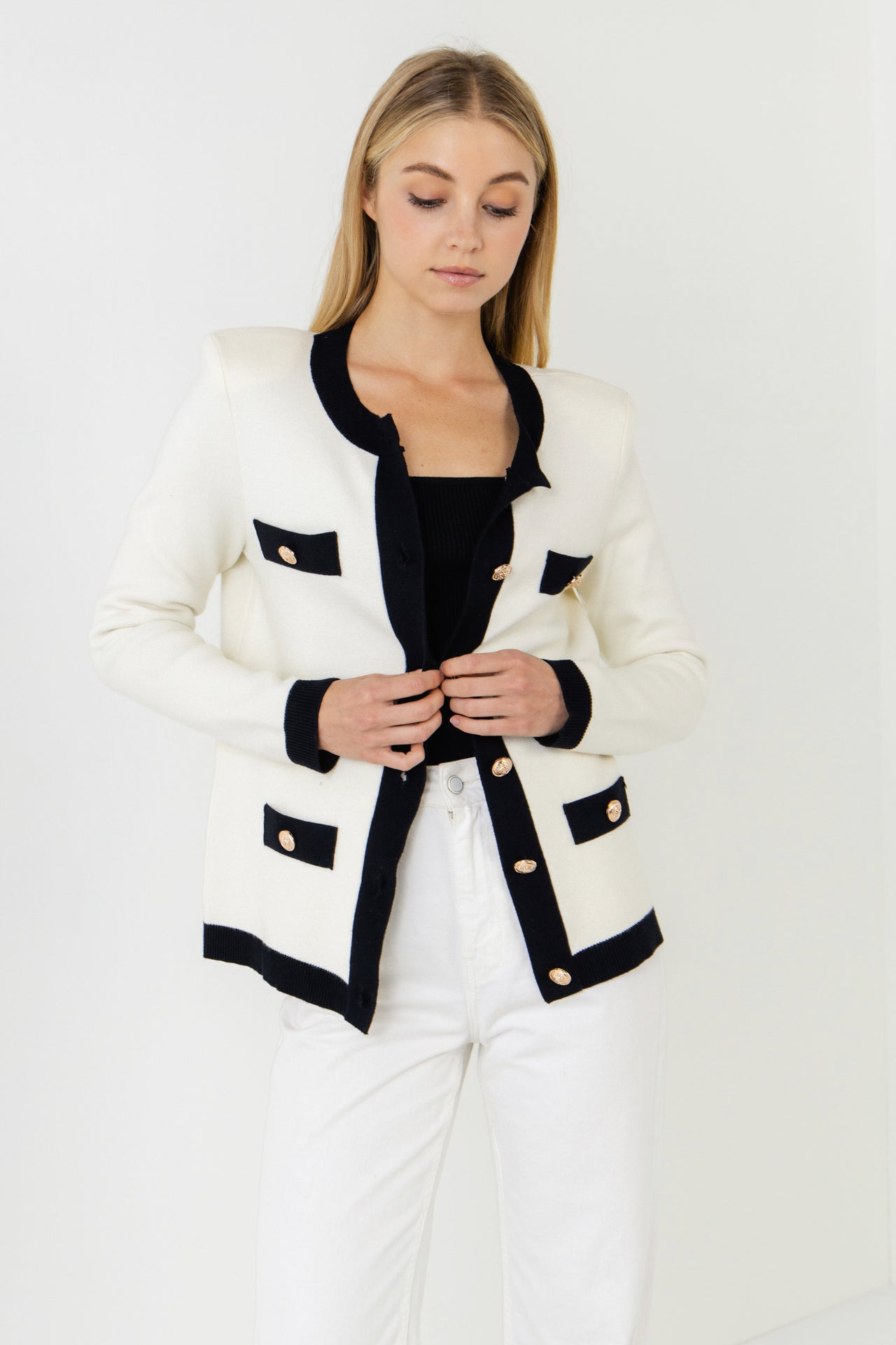 Knit Contrast Rib Cardigan with Gold Buttons