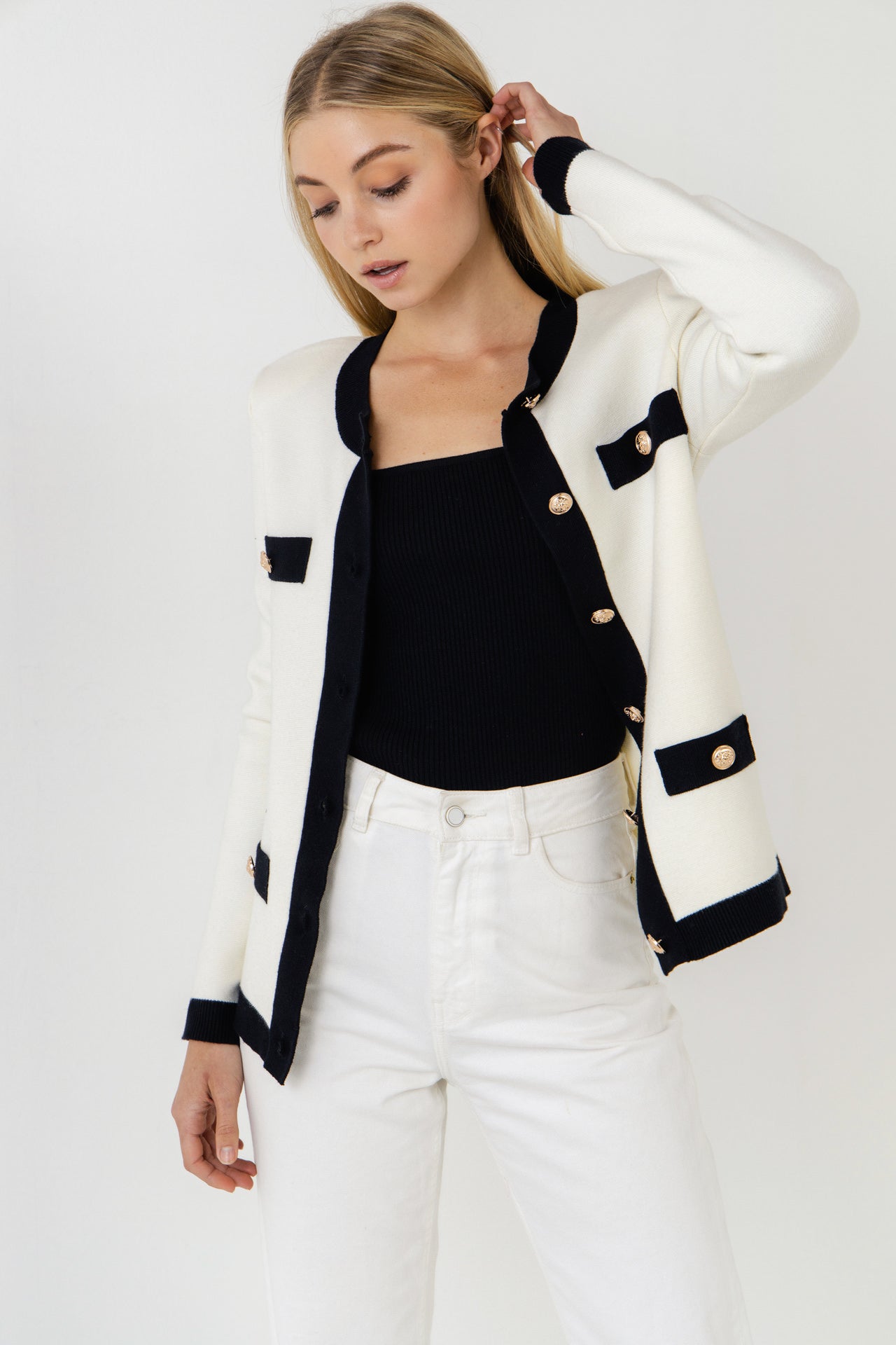 Knit Contrast Rib Cardigan with Gold Buttons