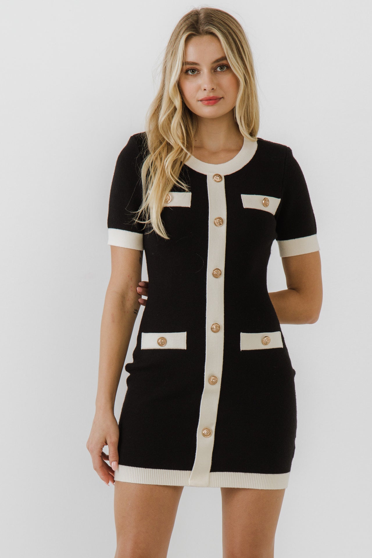 ENDLESS ROSE - Short Knit Dress with Contrast Ribbing - DRESSES available at Objectrare