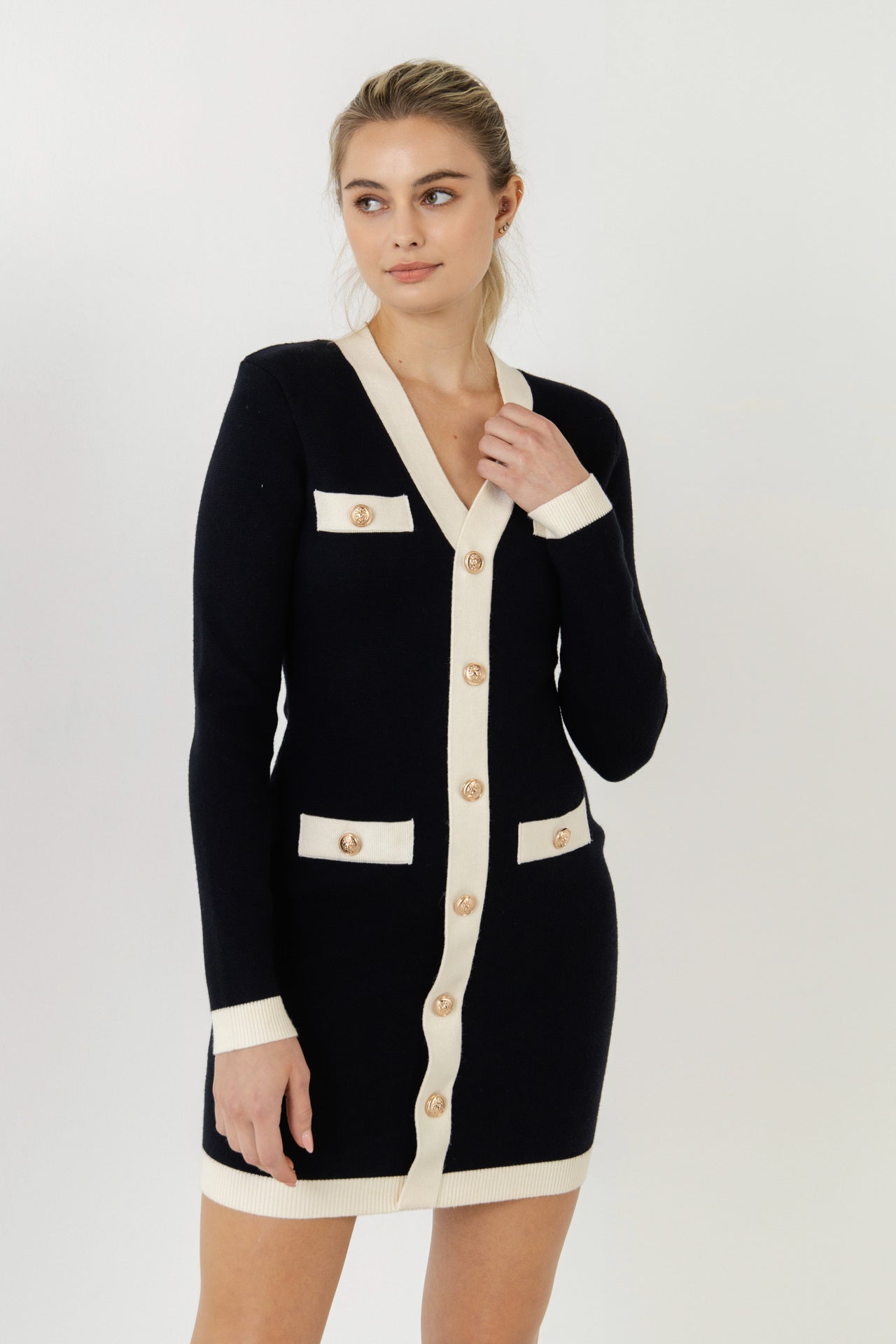 ENDLESS ROSE - V Neckline Long Sleeve Dress with Contrast Ribbing - DRESSES available at Objectrare