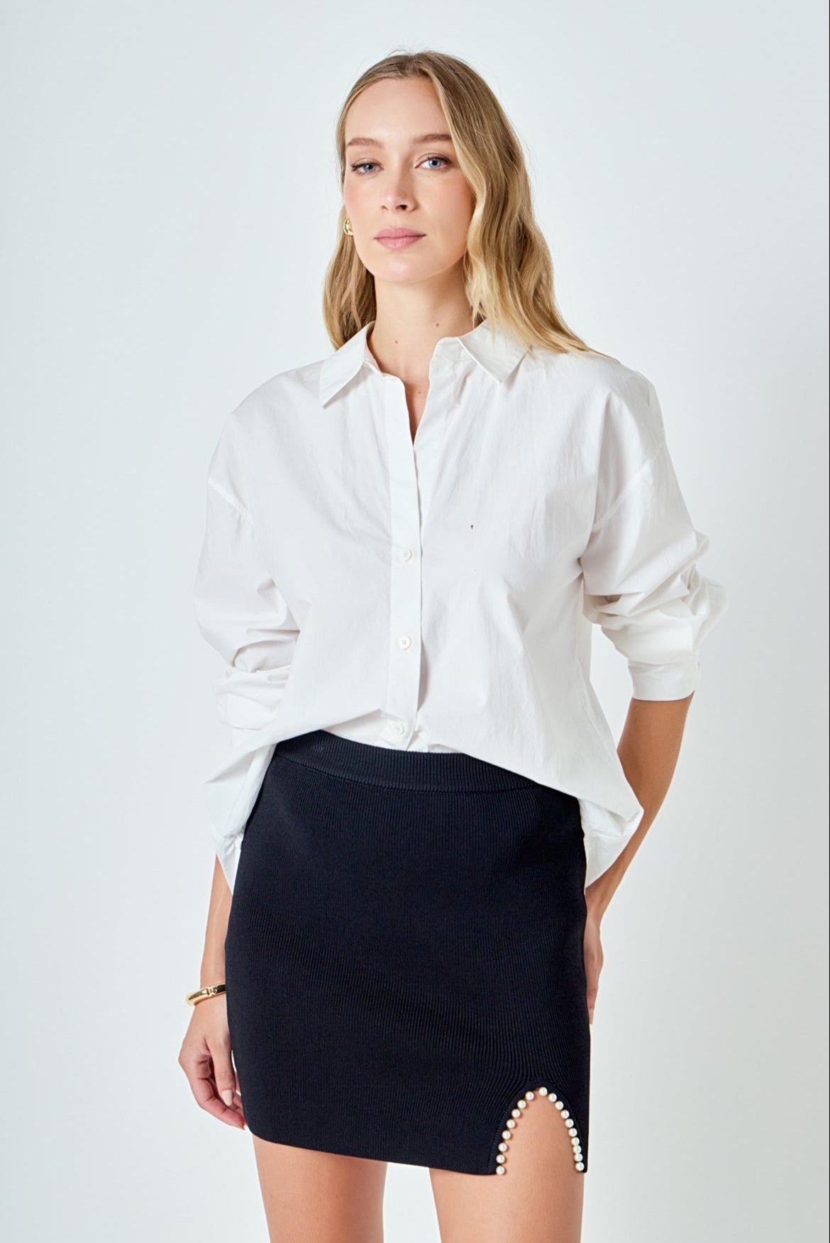 ENDLESS ROSE - Pearl Accented Cutout Mini Skirt - SKIRTS available at Objectrare