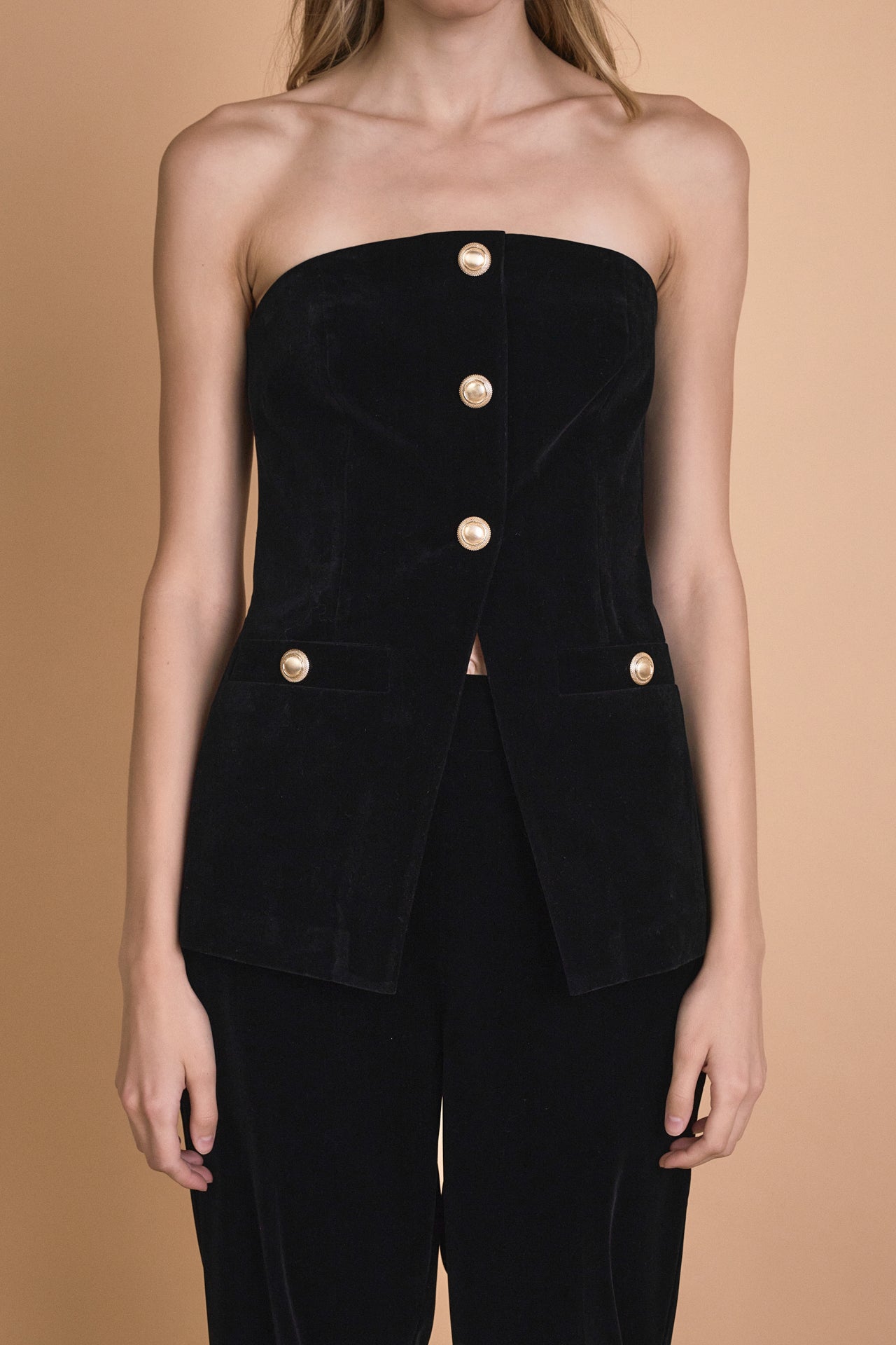 ENDLESS ROSE - Velvet Strapless Buttoned Long Top - TOPS available at Objectrare