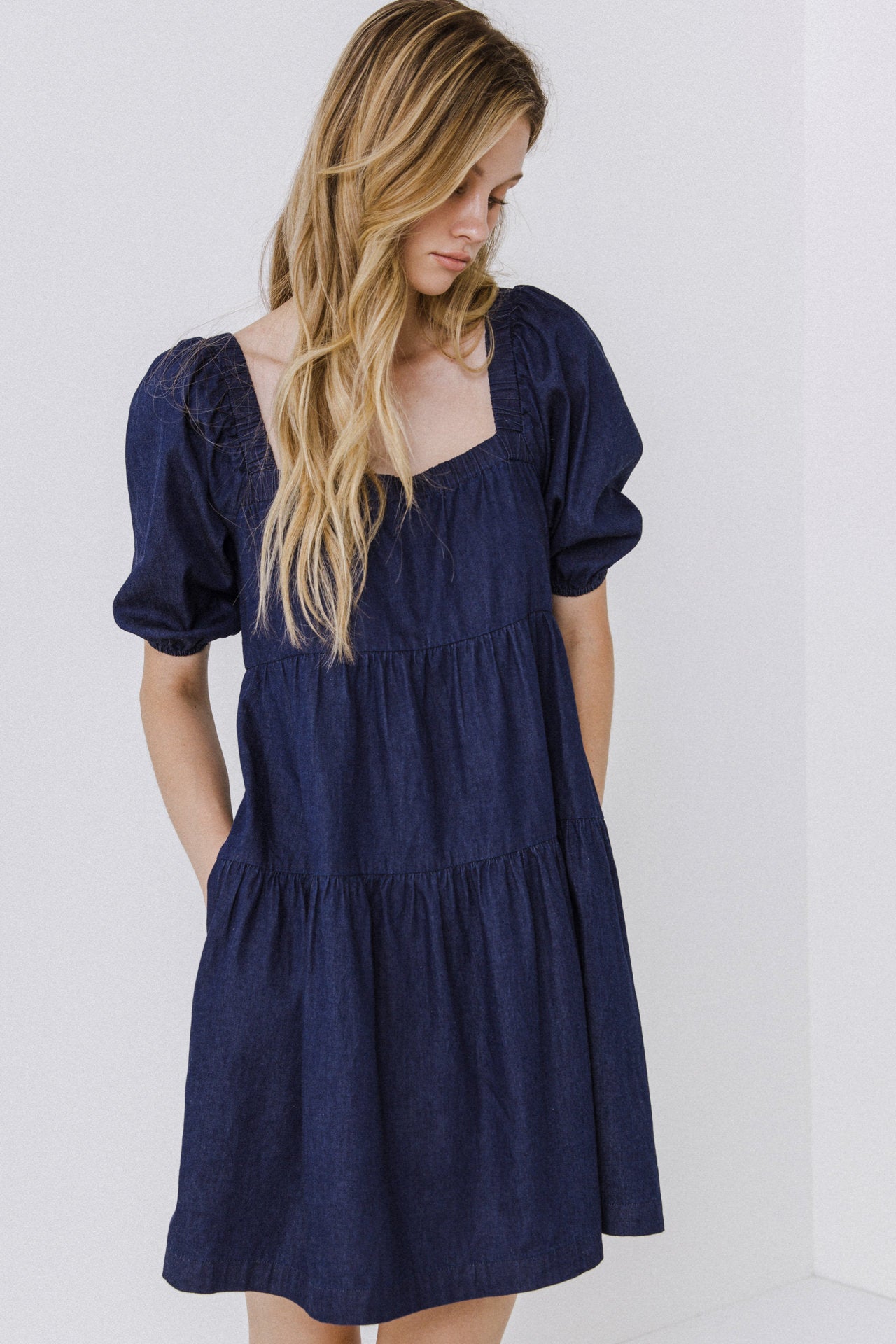 AFTER MARKET - Puff Sleeve Baby Doll Chambray Dress - DRESSES available at Objectrare