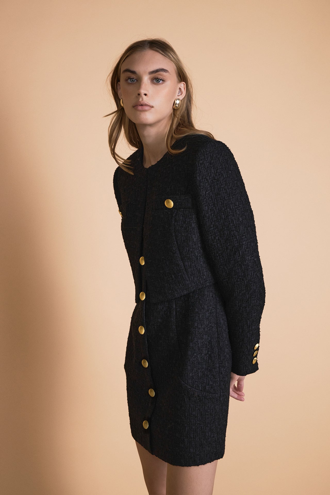 ENDLESS ROSE - Cropped Buttoned Tweed Jacket - JACKETS available at Objectrare