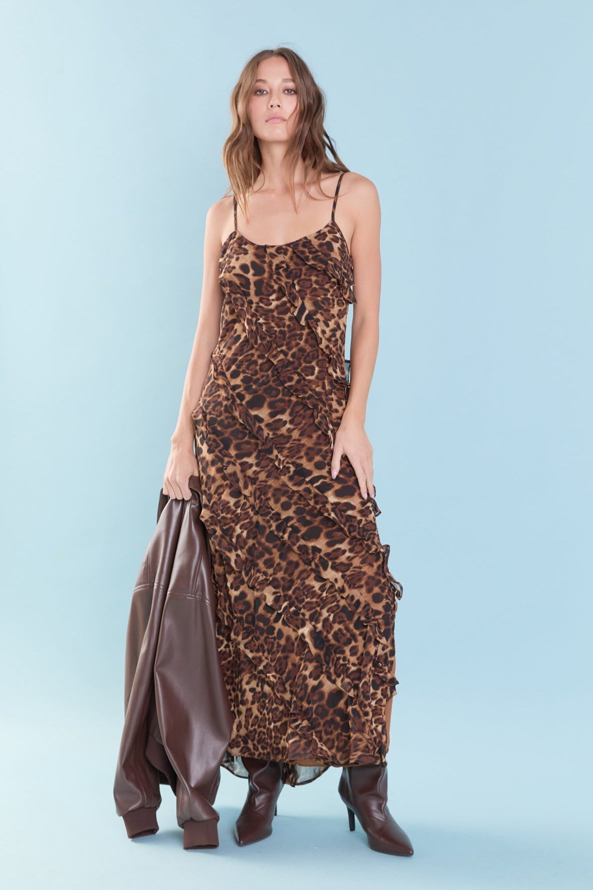 ENDLESS ROSE - Animal Print Ruffled Slip Maxi Dress - DRESSES available at Objectrare