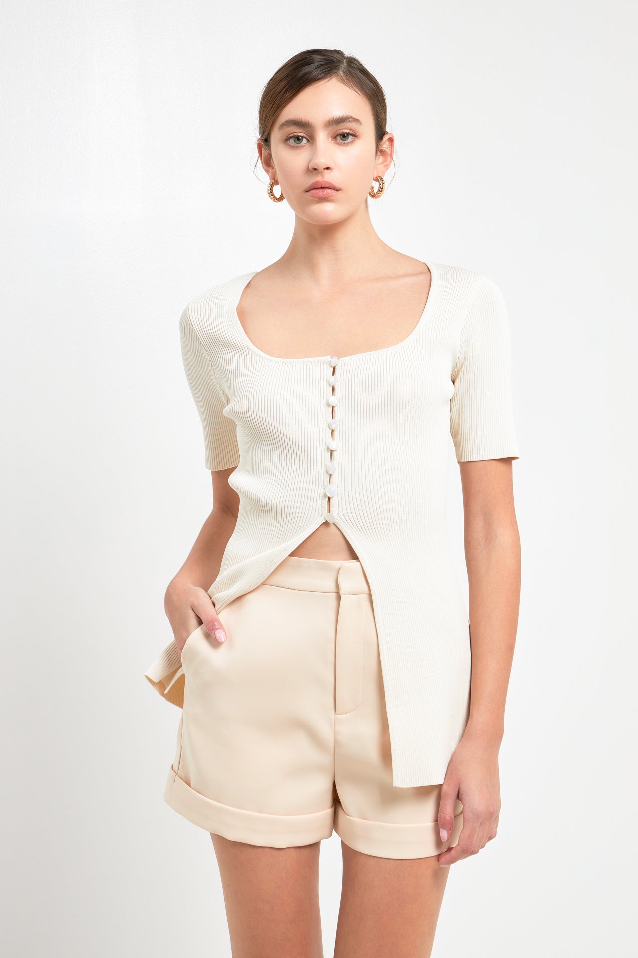 ENDLESS ROSE - Short Sleeve Long Knit Button Up - TOPS available at Objectrare