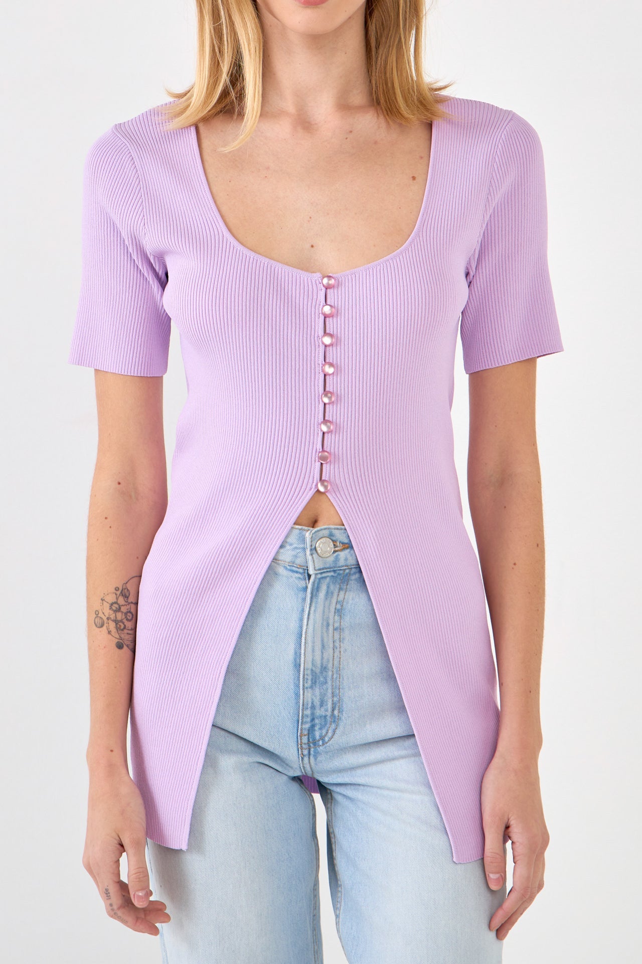 ENDLESS ROSE - Short Sleeve Long Knit Button Up - TOPS available at Objectrare