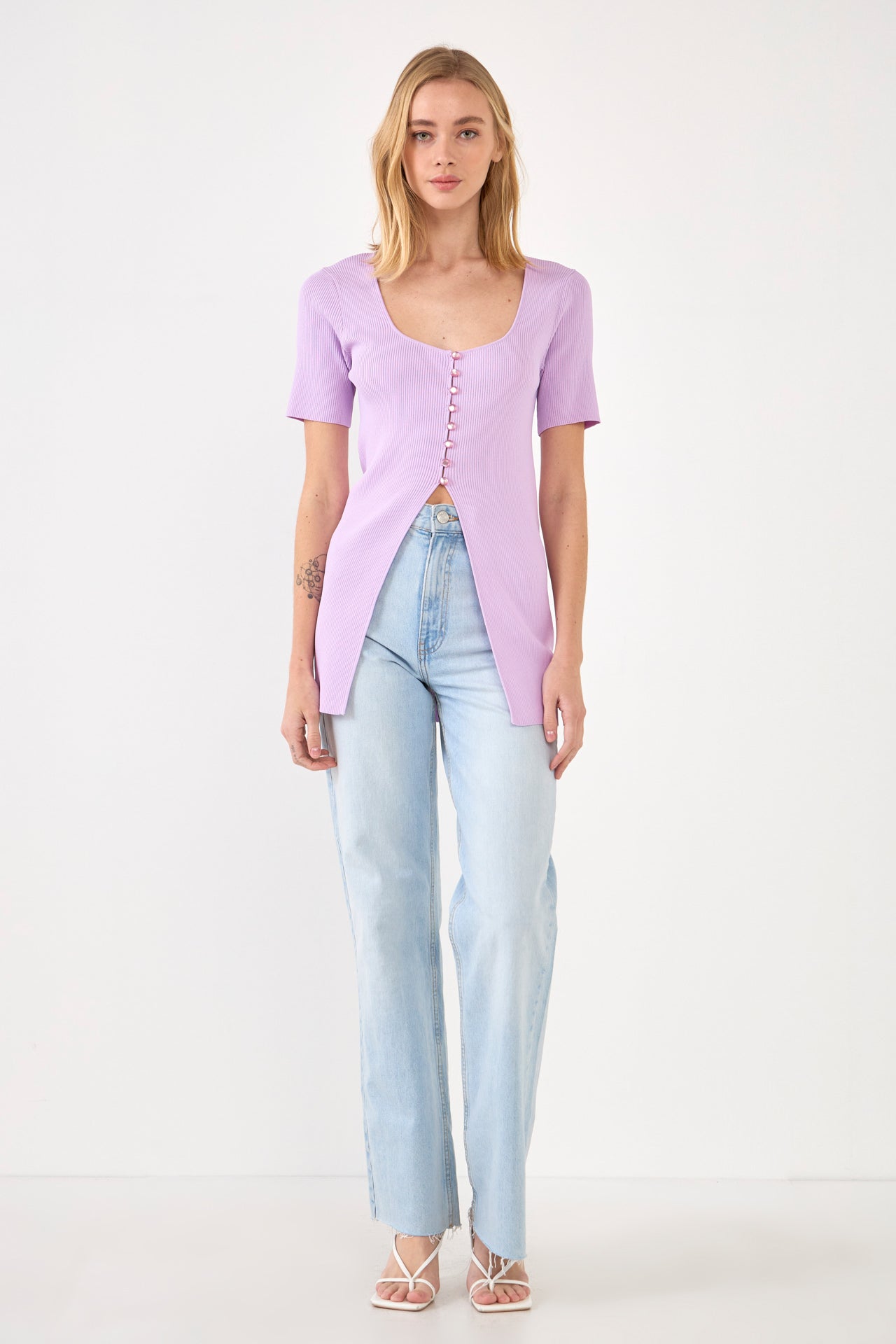 ENDLESS ROSE - Short Sleeve Long Knit Button Up - TOPS available at Objectrare