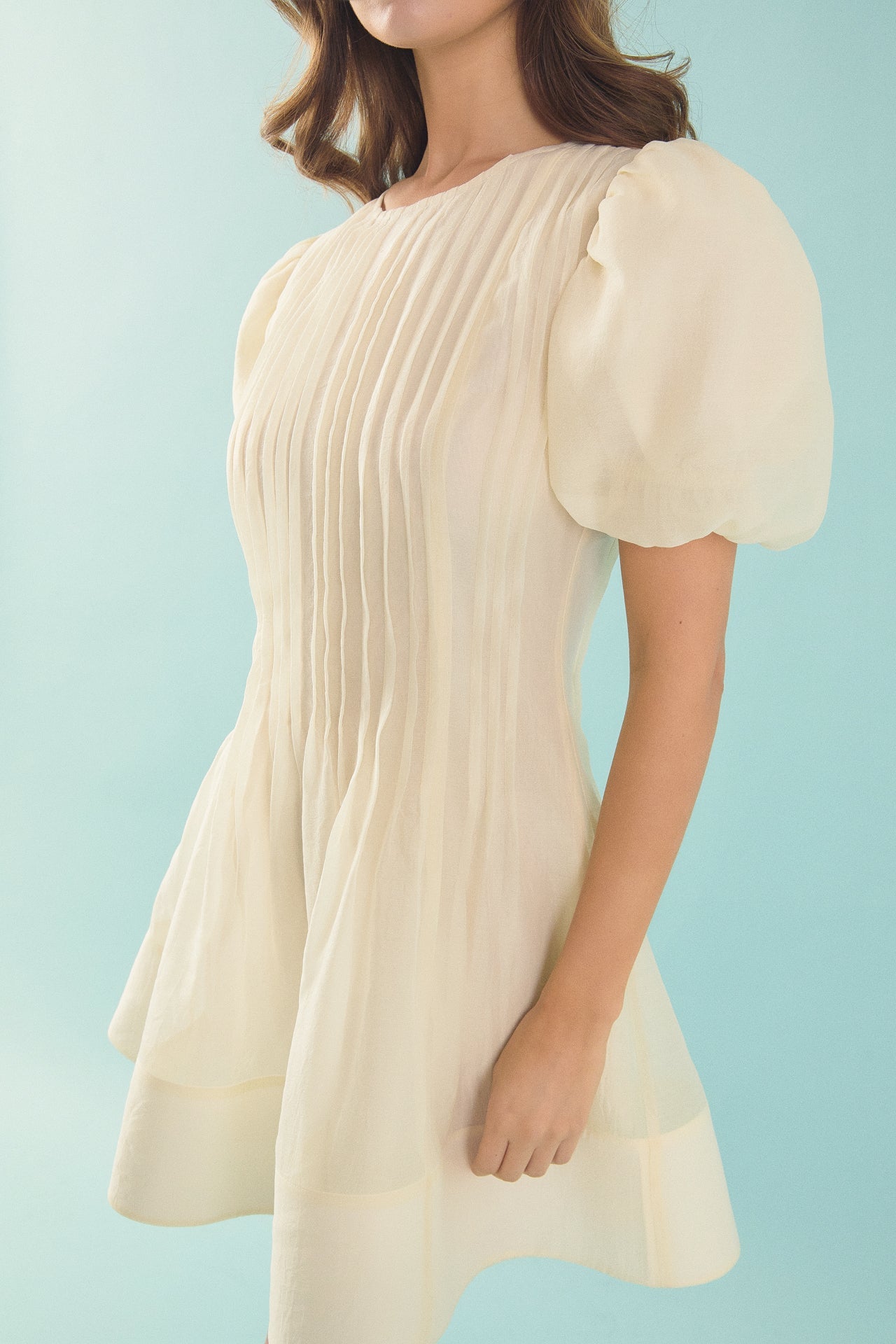 ENDLESS ROSE - Bridget Organza Pintuck Blouson Puff Sleeve Mini Dress - DRESSES available at Objectrare