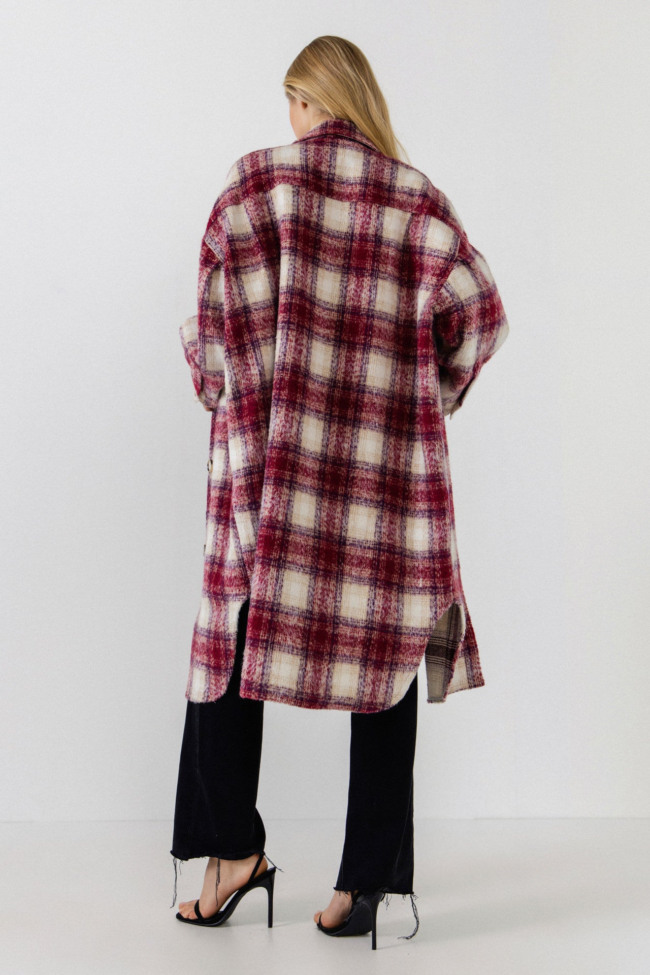 Oversize Plaid Long Coat with U hemline