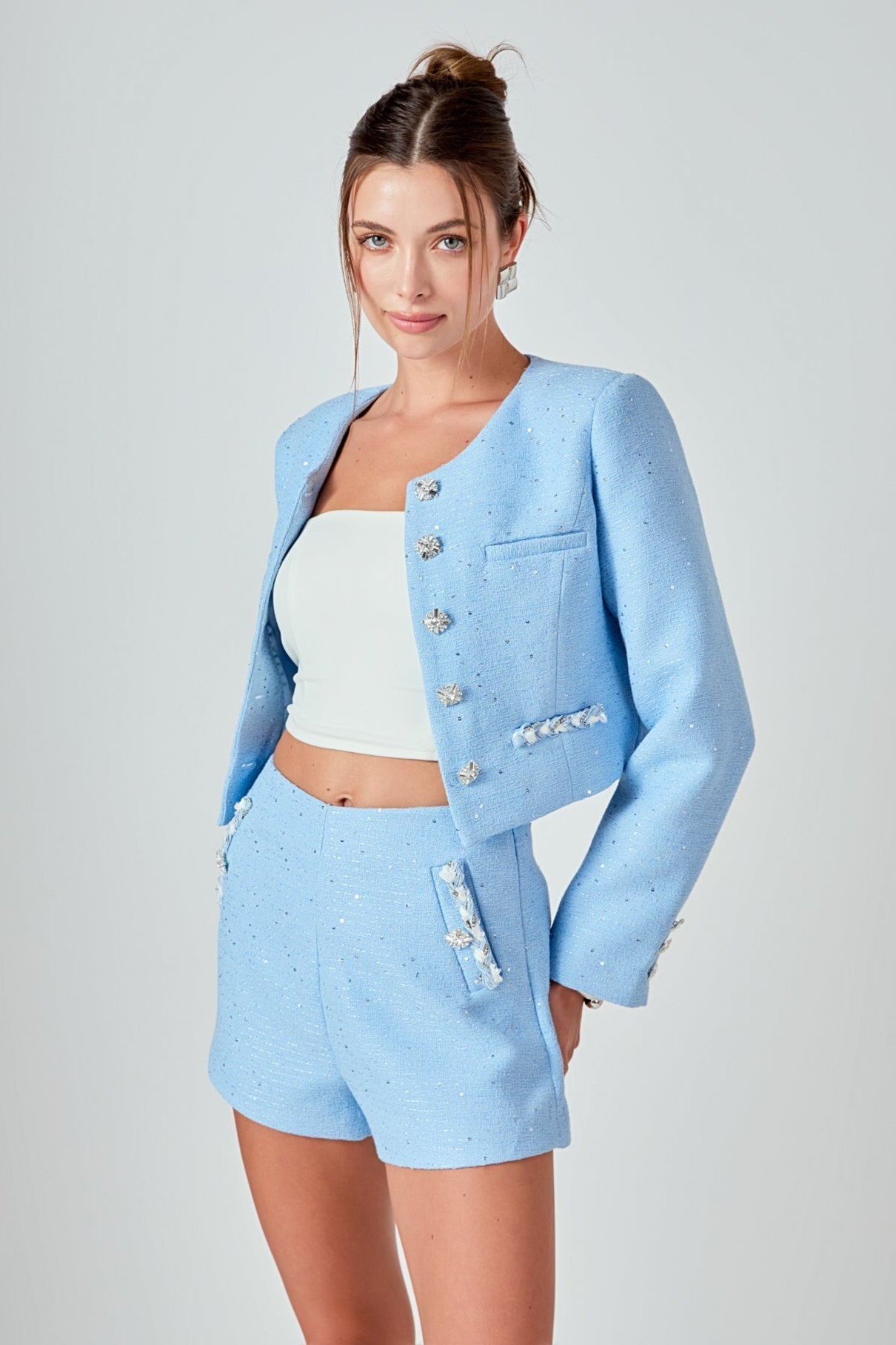 Romy Chain Embellished High Waisted Tweed Shorts