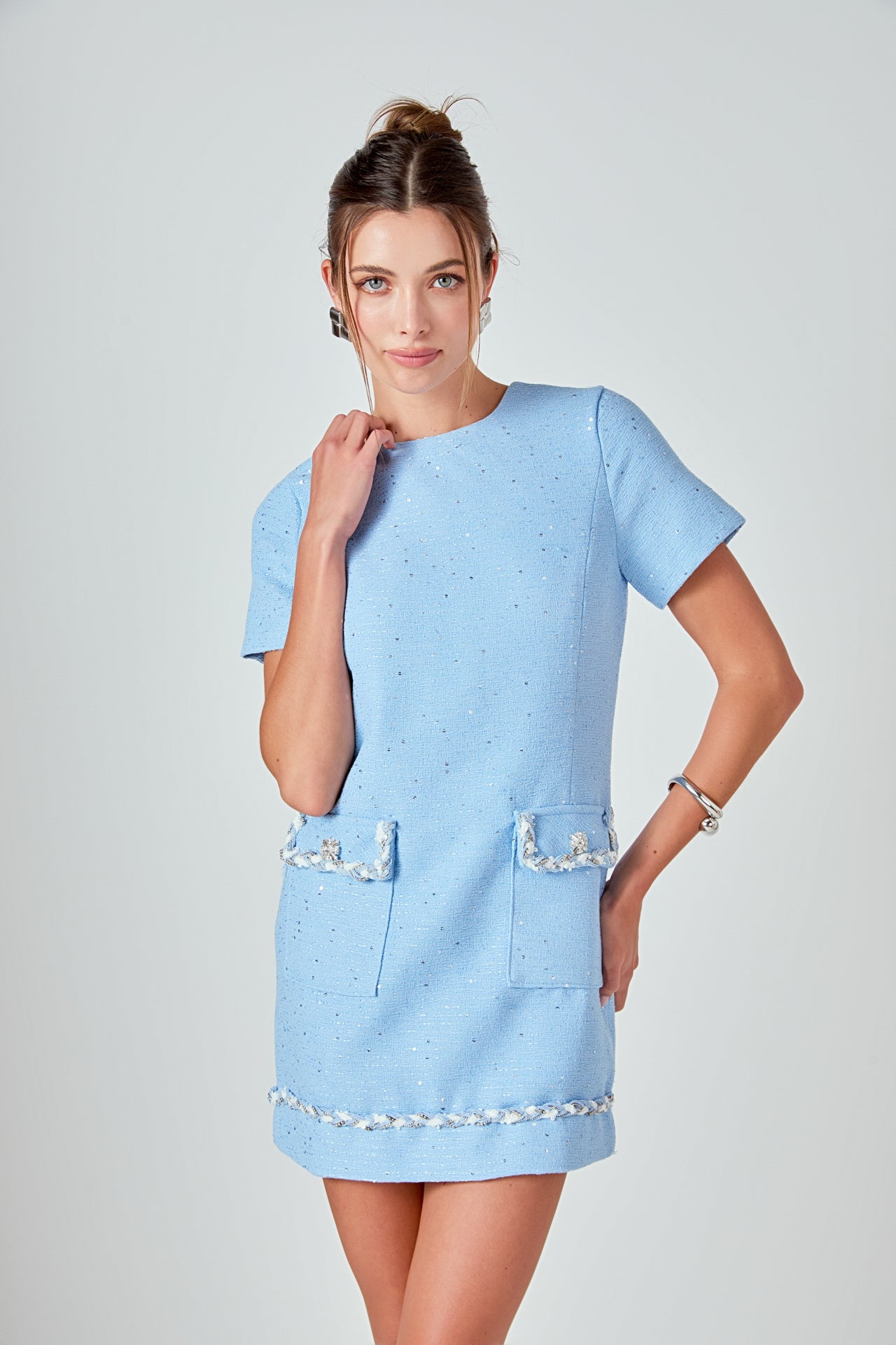 Romy Chain Embellished Short Sleeve Tweed Mini Dress