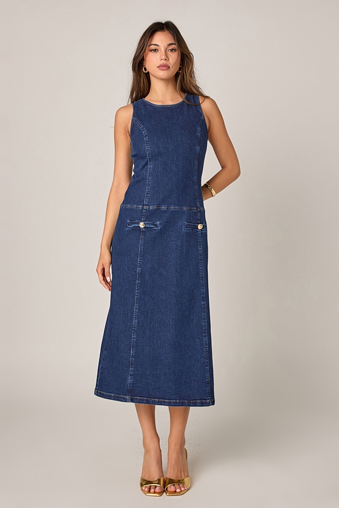 Denim Drop Waist Midi Dress