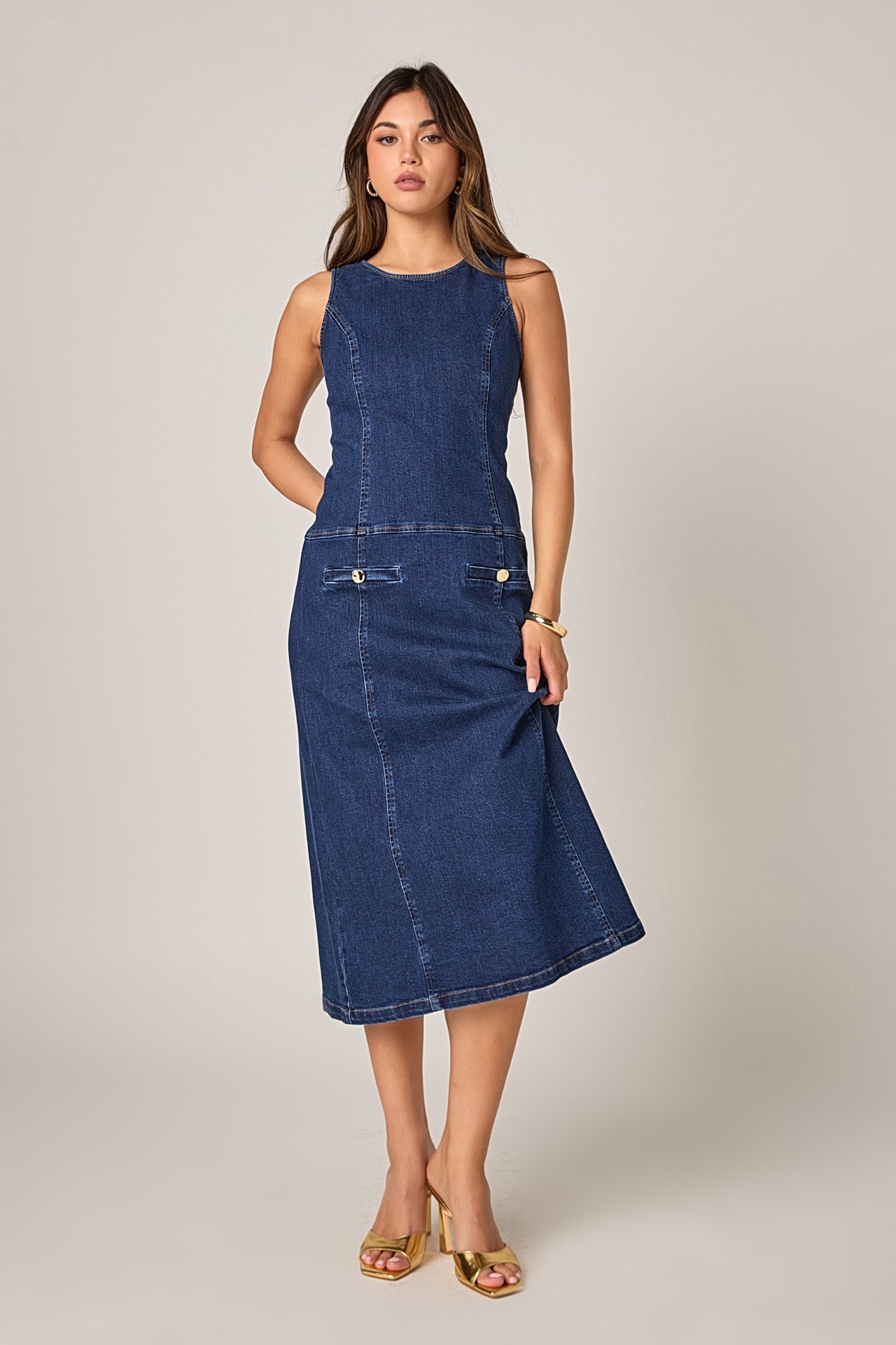 Denim Drop Waist Midi Dress