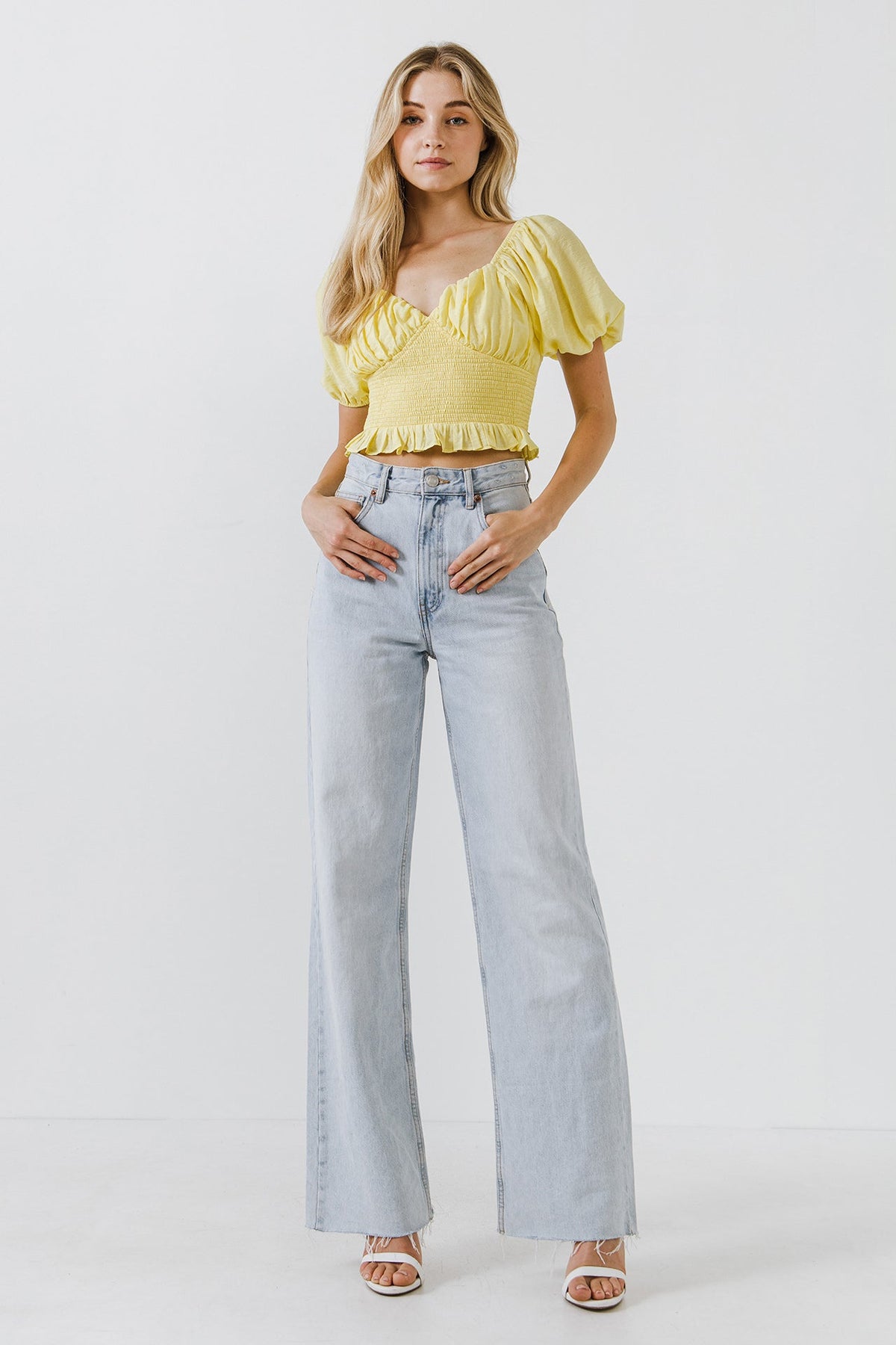 ENDLESS ROSE - Sweetheart Smocked Puff Sleeve Top - TOPS available at Objectrare