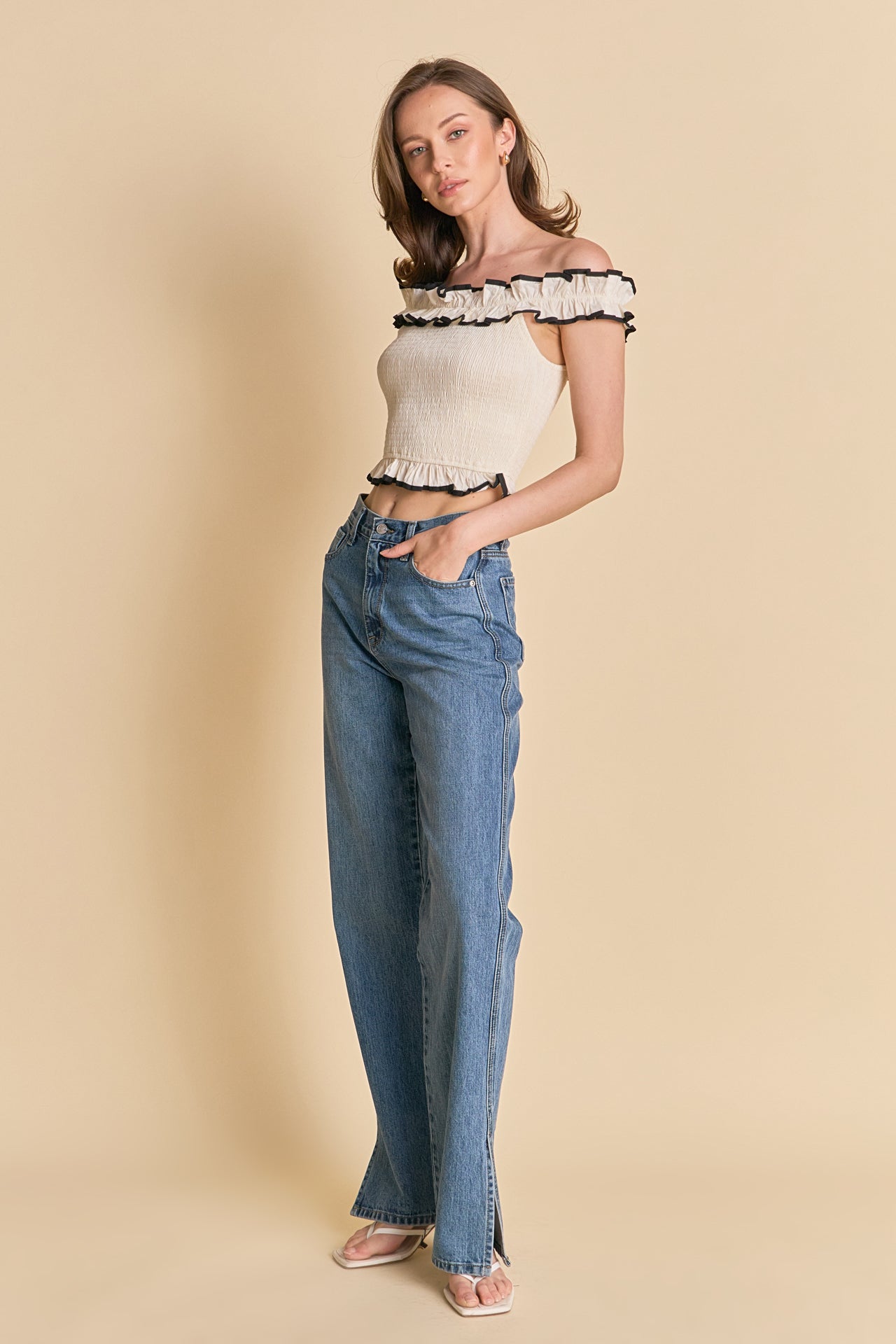 ENDLESS ROSE - Marina Off the Shoulder Ruffle Smocked Top - TOPS available at Objectrare