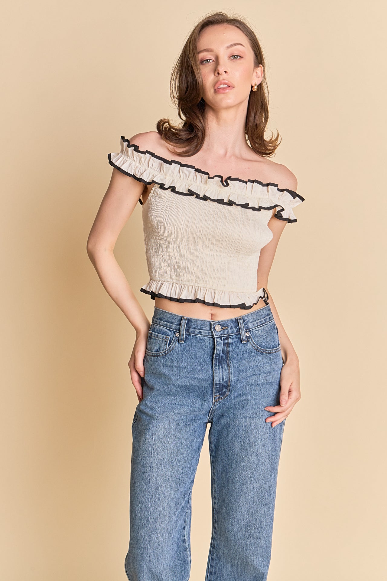 ENDLESS ROSE - Marina Off the Shoulder Ruffle Smocked Top - TOPS available at Objectrare