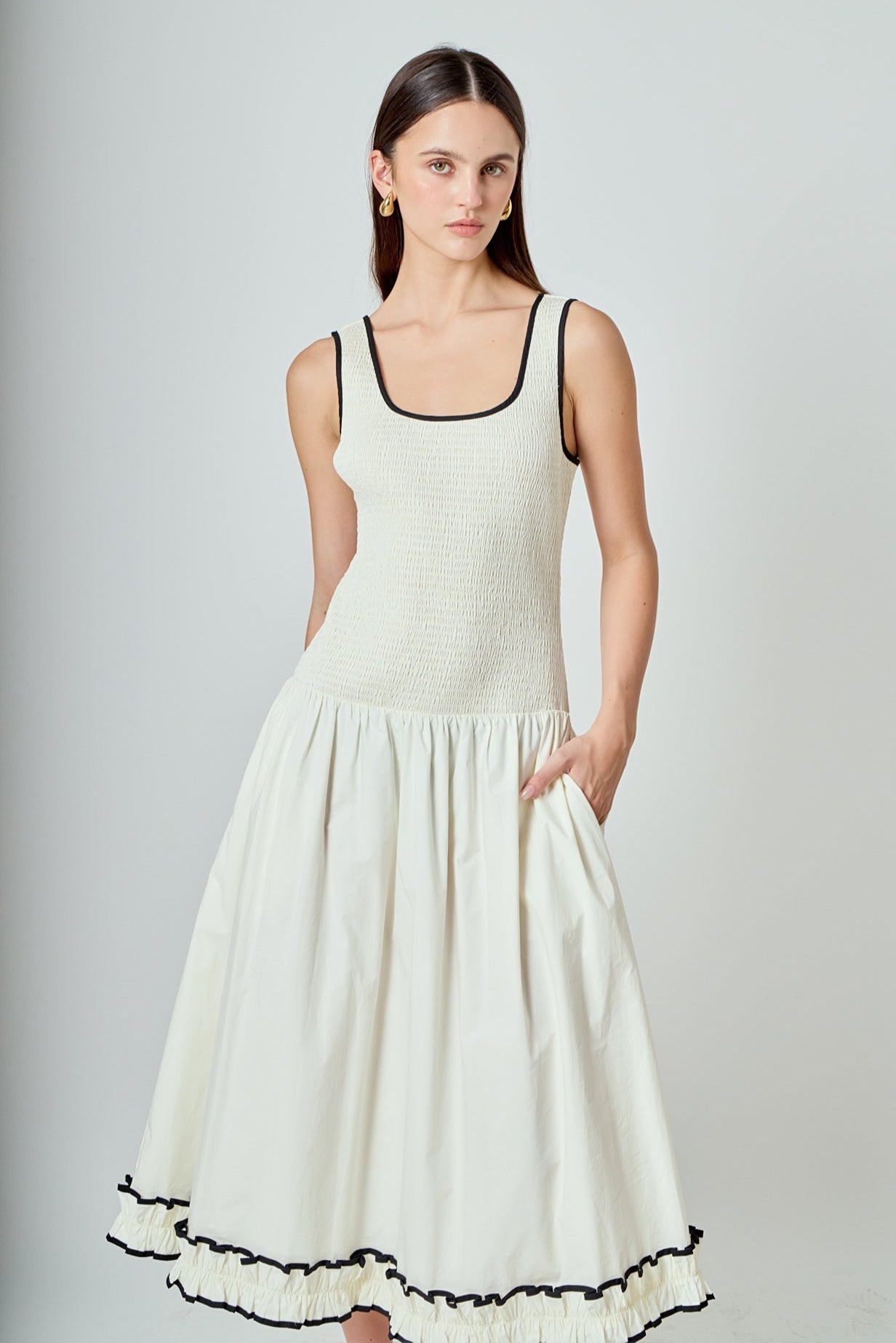 ENDLESS ROSE - Estelle Drop waist Smocked Bodice Midi Dress - DRESSES available at Objectrare