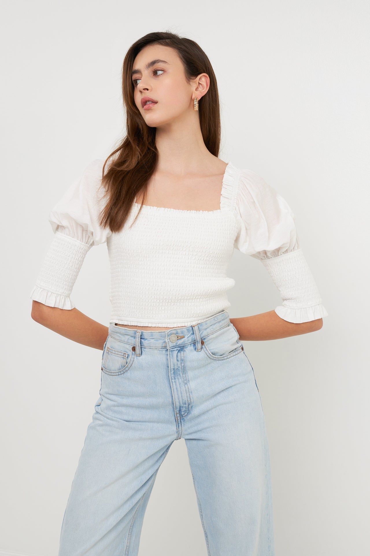 ENDLESS ROSE - Quarter Sleeve Smocked Puff Sleeve Top - TOPS available at Objectrare