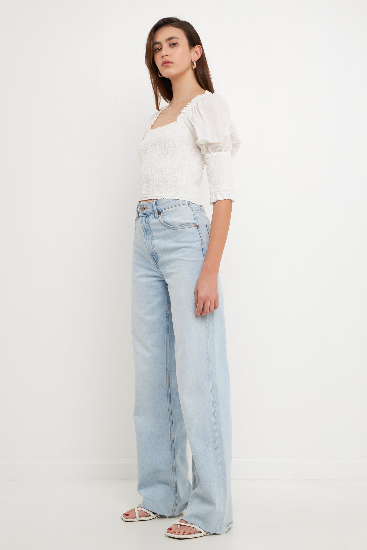 ENDLESS ROSE - Quarter Sleeve Smocked Puff Sleeve Top - TOPS available at Objectrare