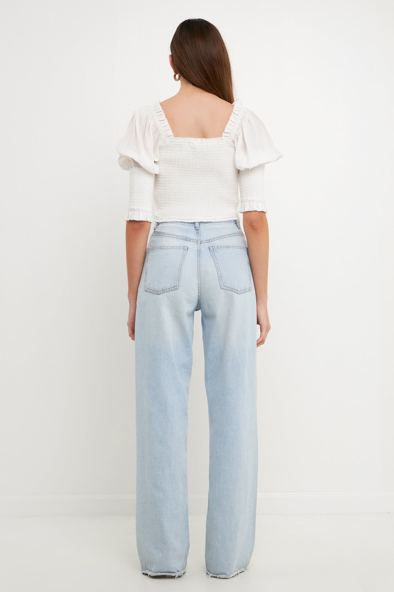 ENDLESS ROSE - Quarter Sleeve Smocked Puff Sleeve Top - TOPS available at Objectrare