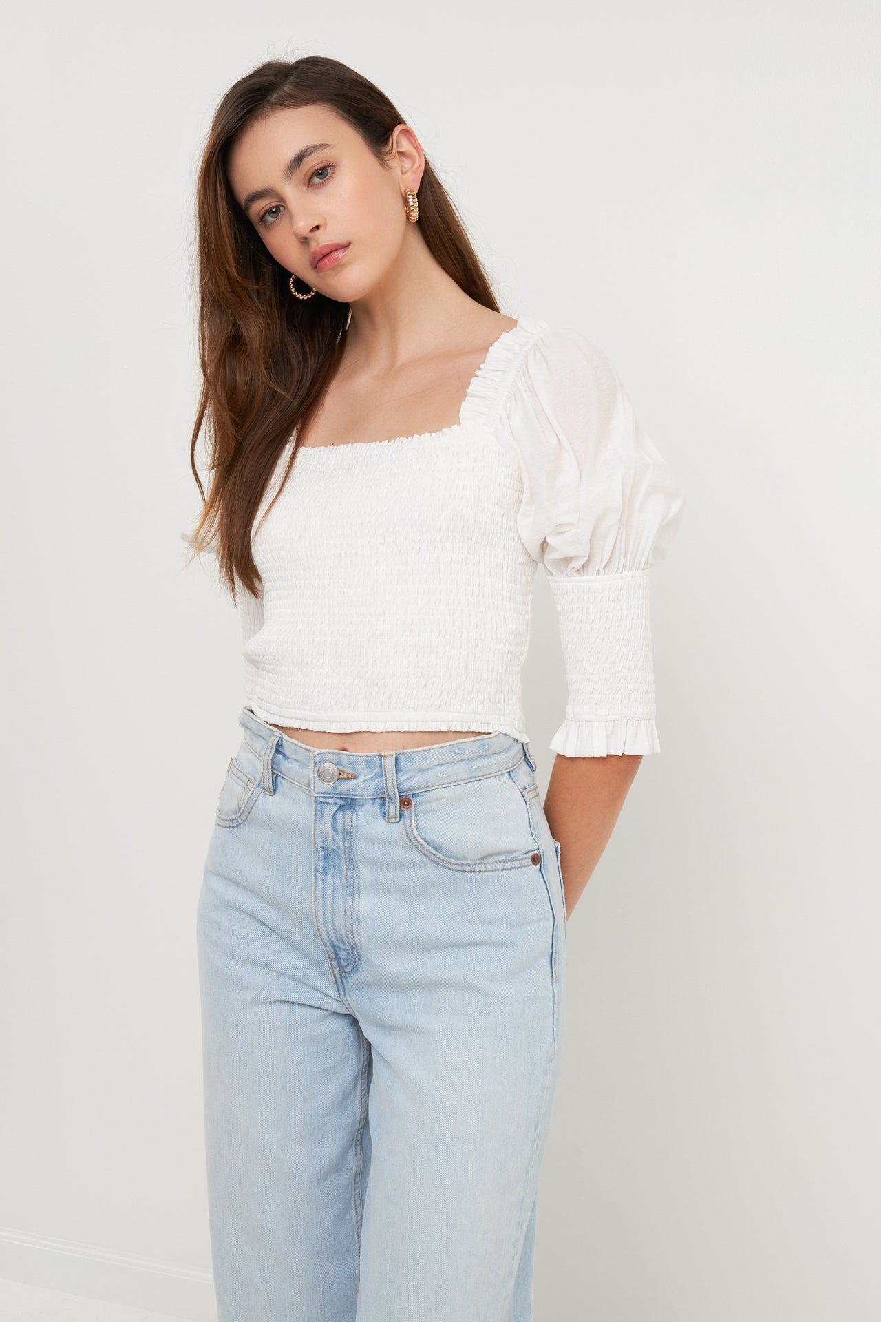 ENDLESS ROSE - Quarter Sleeve Smocked Puff Sleeve Top - TOPS available at Objectrare