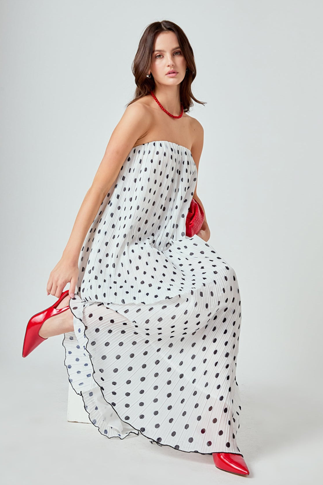 ENDLESS ROSE - Samantha Strapless Pleated Polka Dot Maxi Dress - DRESSES available at Objectrare
