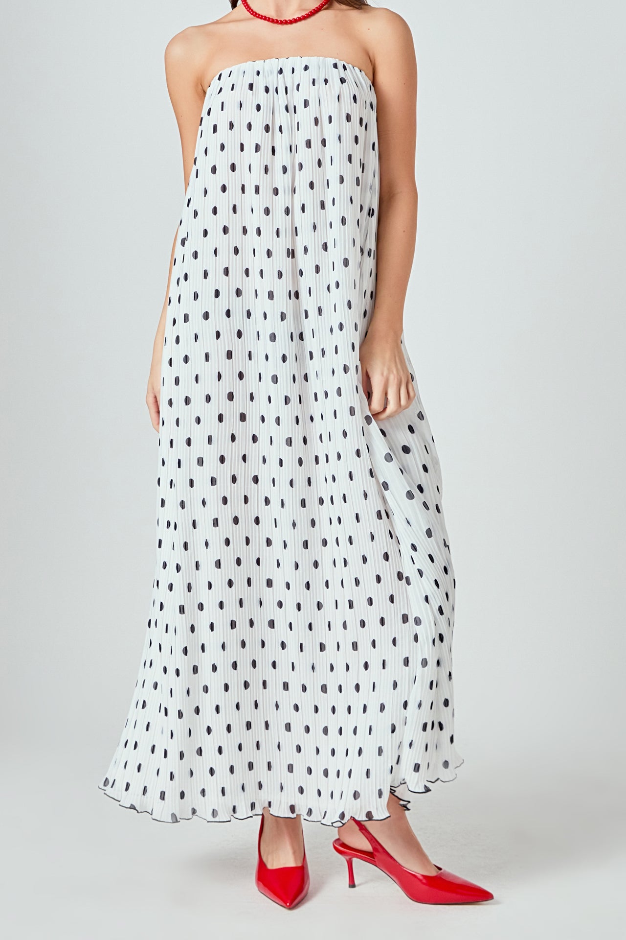ENDLESS ROSE - Samantha Strapless Pleated Polka Dot Maxi Dress - DRESSES available at Objectrare