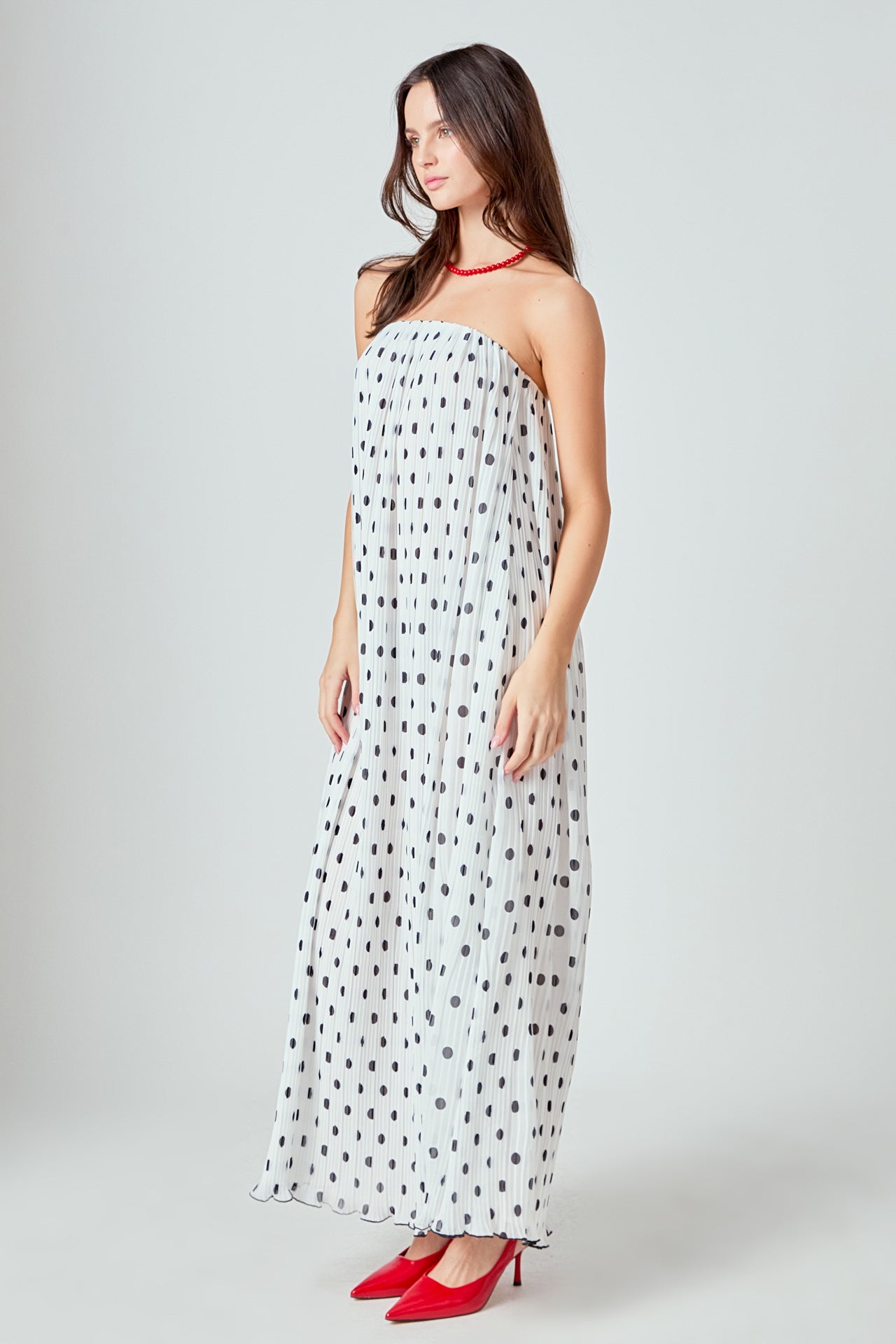 ENDLESS ROSE - Samantha Strapless Pleated Polka Dot Maxi Dress - DRESSES available at Objectrare
