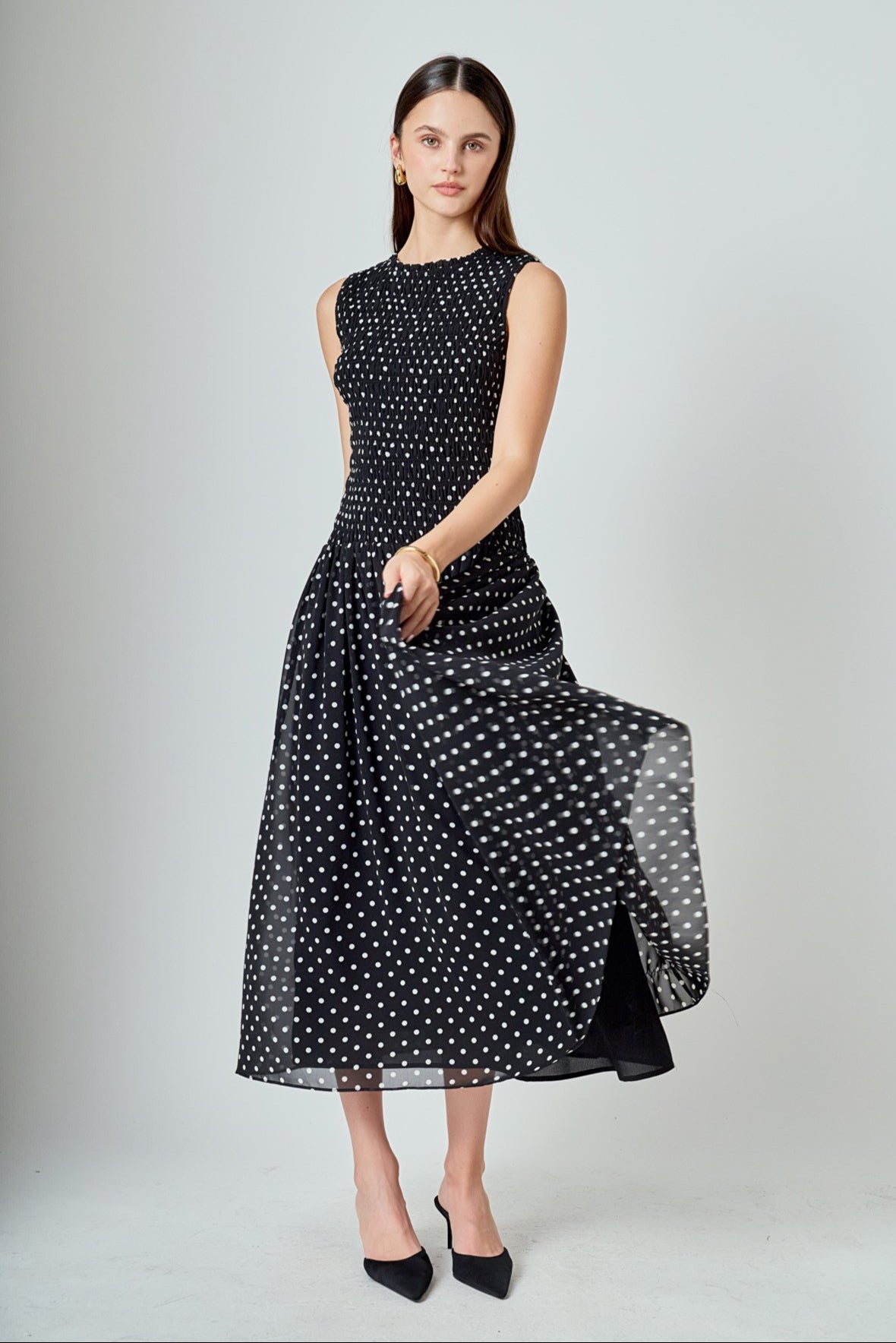 ENDLESS ROSE - Rachel Smocked Drop Waist Polka Dot Maxi Dress - DRESSES available at Objectrare