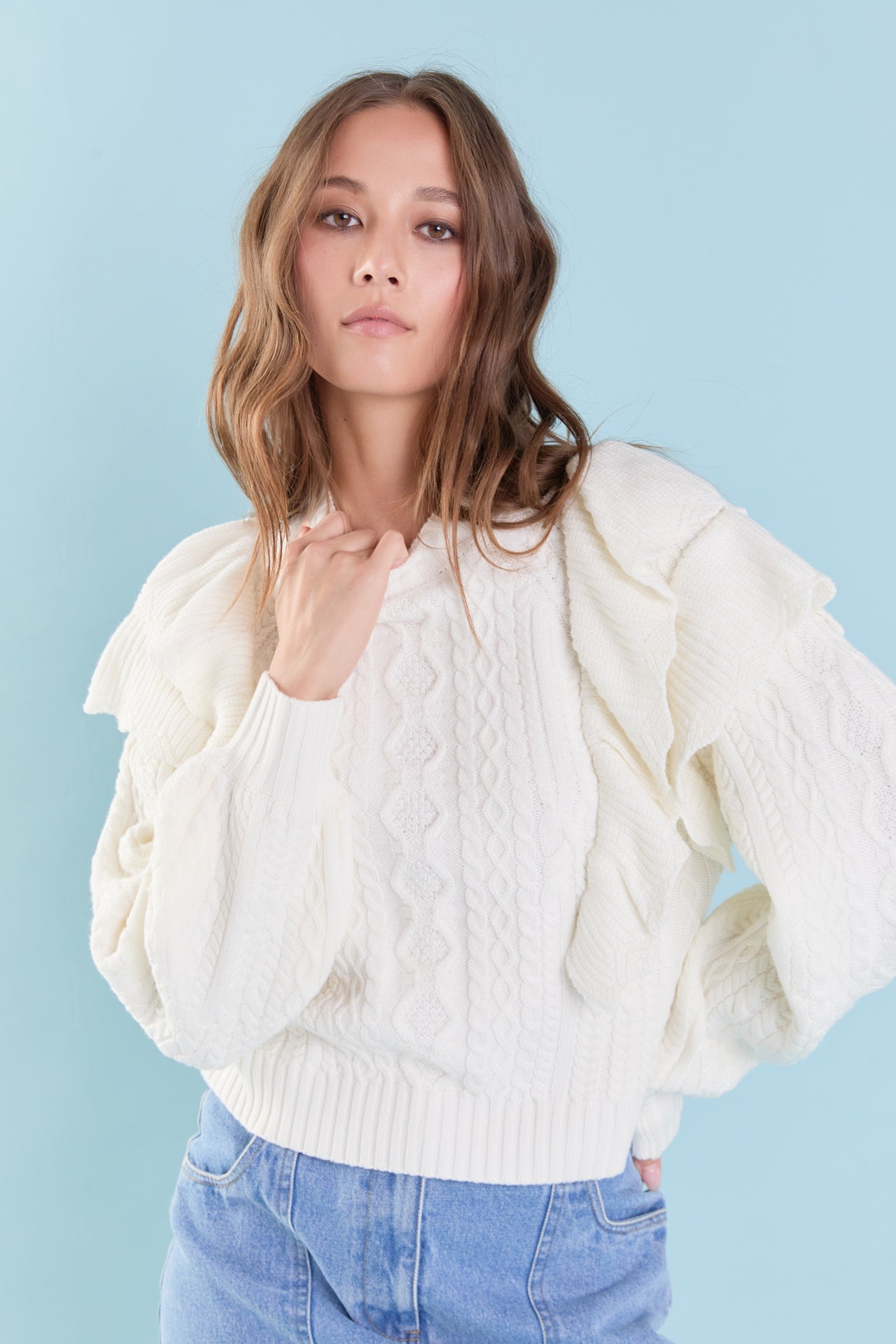 ENDLESS ROSE - Cable Knit Ruffled Sweater - SWEATERS & KNITS available at Objectrare