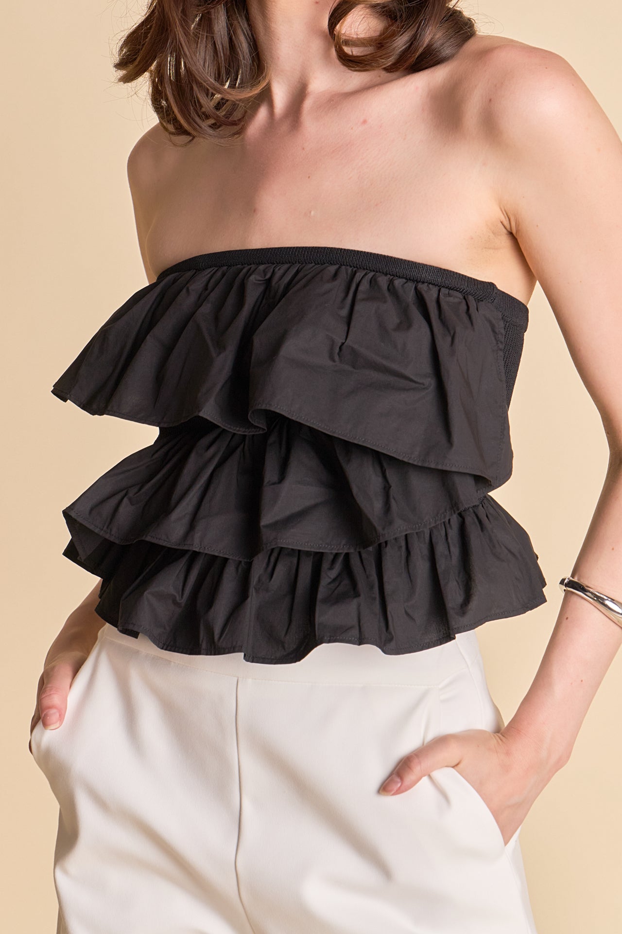 ENDLESS ROSE - Mixed Media Ruffled Strapless Top - TOPS available at Objectrare