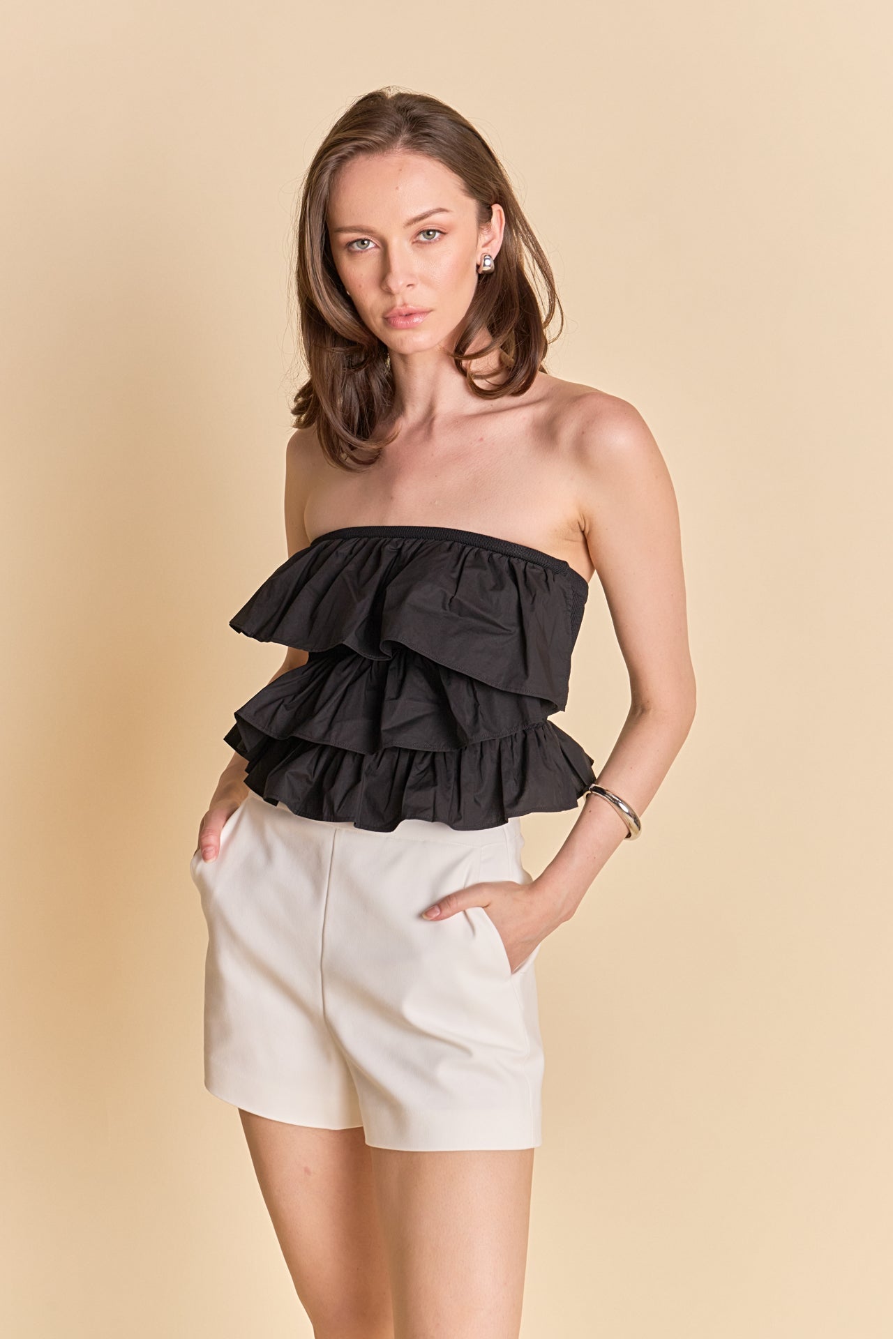 ENDLESS ROSE - Mixed Media Ruffled Strapless Top - TOPS available at Objectrare