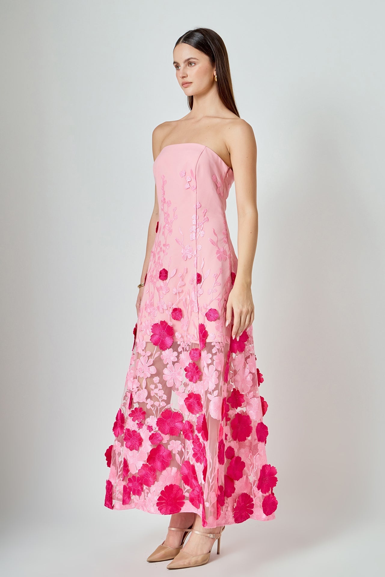 ENDLESS ROSE - Embroidered 3D Applique Strapless Maxi Dress - DRESSES available at Objectrare