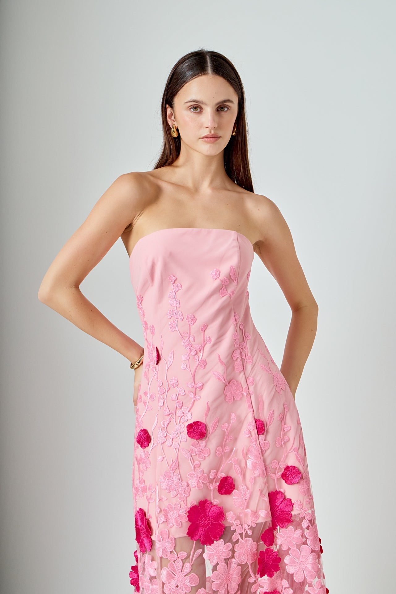ENDLESS ROSE - Embroidered 3D Applique Strapless Maxi Dress - DRESSES available at Objectrare