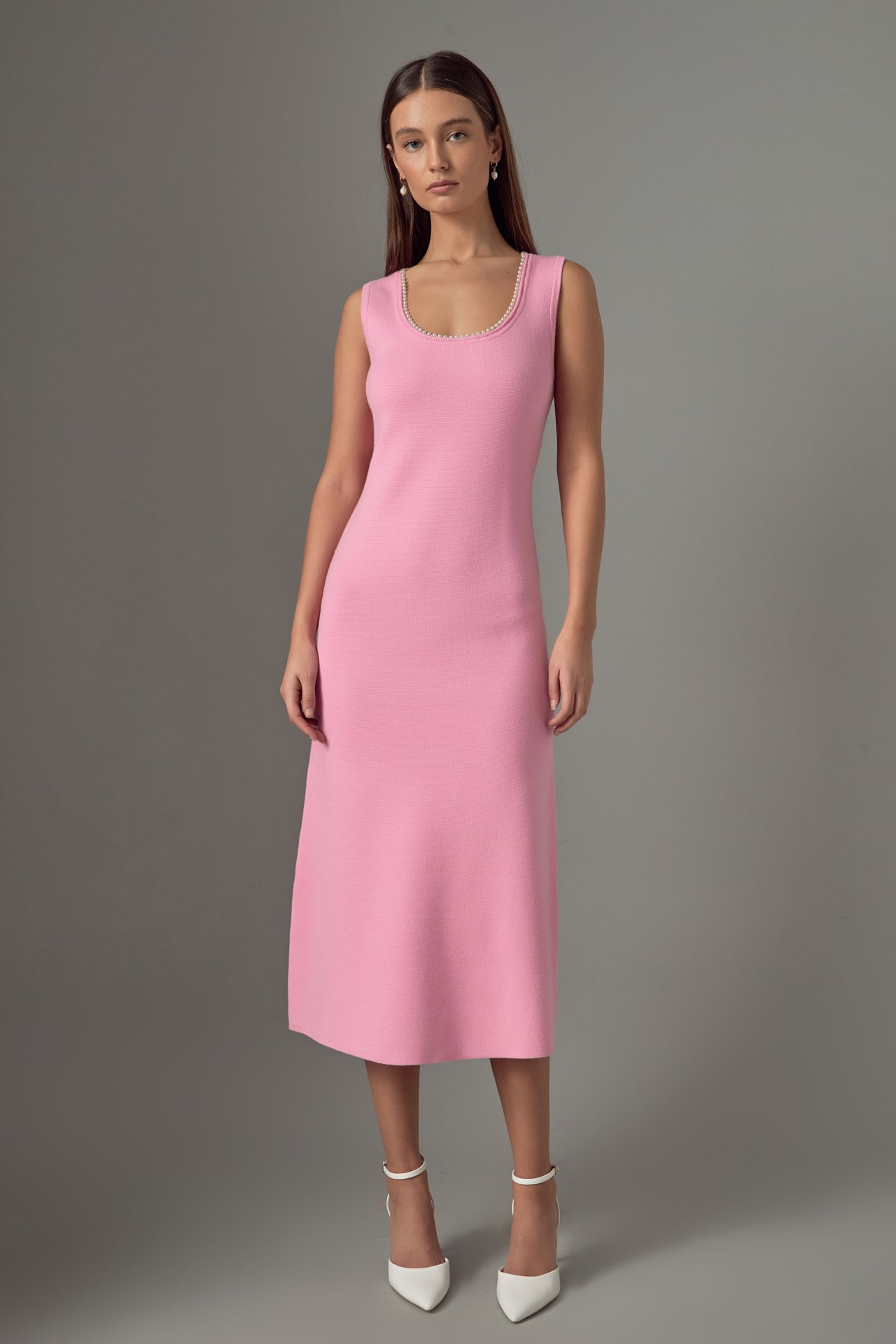 Pearl Trim Knit Midi Dress